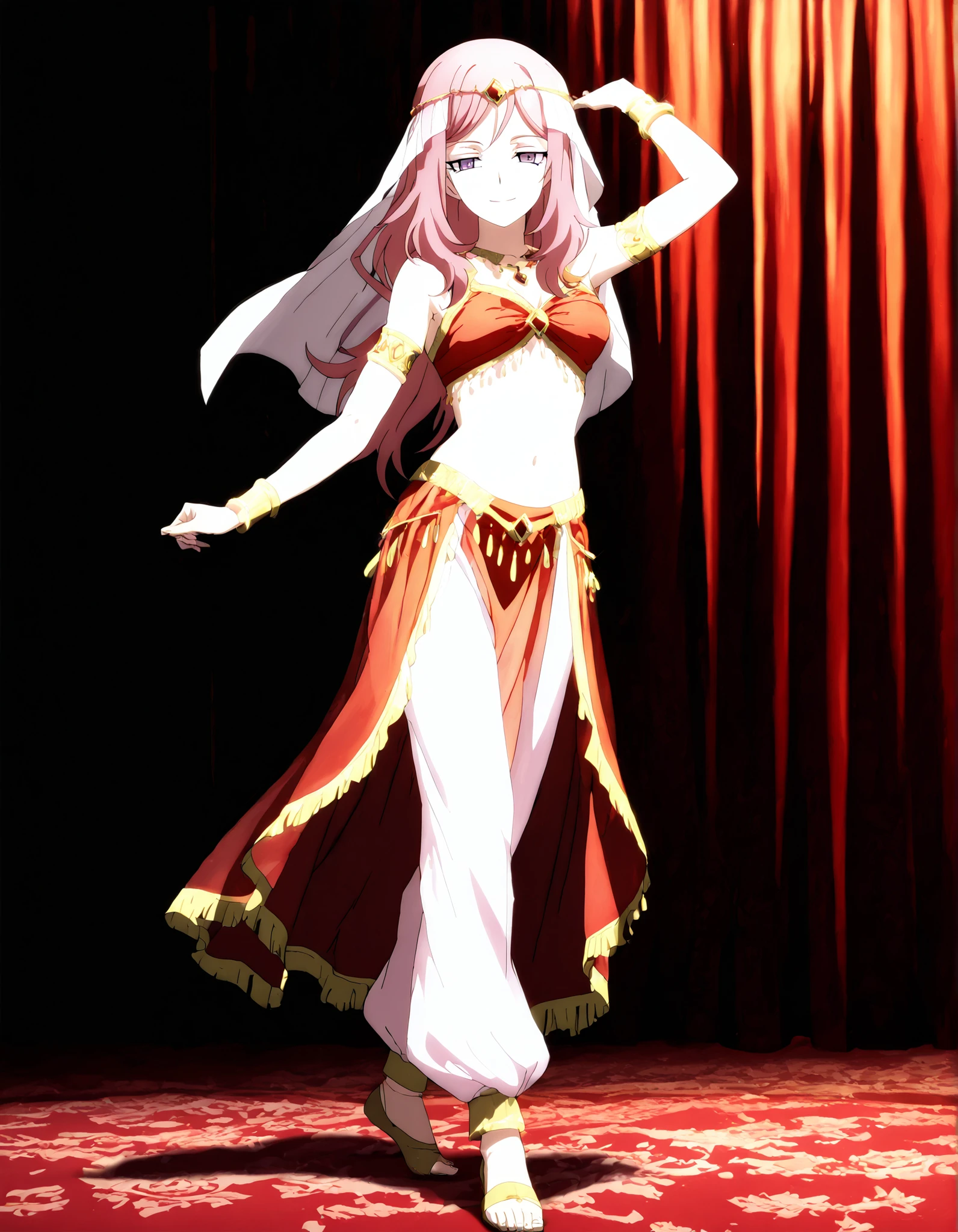 (1girl:1 . 5) , (Seul:1 . 5) , score_9 , score_8_haut , score_7_haut , source_anime , Official work  , ultra-detailed , masterpiece , better quality , high resolution , beaux yeux , detailed eyes , Detailed face , beautiful detailed eyes,long hair, pink hair, purple eyes,Cardfight!! Vanguard,Kumi Okazaki,Arabian Clothes , Arabian Dancer Outfit ,belly dancer costume,belly dancer outfit ,full body,golden jewelery,armlet, belly dancing,arabian theater,seductive smile, dancing with veil, dynamic movement,dance posture,  pose