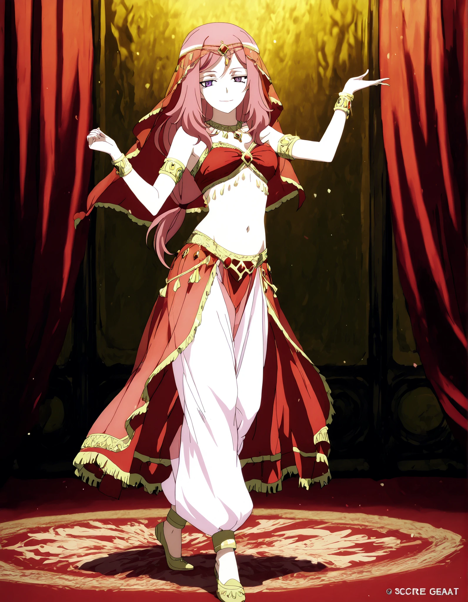 (1girl:1 . 5) , (Seul:1 . 5) , score_9 , score_8_haut , score_7_haut , source_anime , Official work  , ultra-detailed , masterpiece , better quality , high resolution , beaux yeux , detailed eyes , Detailed face , beautiful detailed eyes,long hair, pink hair, purple eyes,Cardfight!! Vanguard,Kumi Okazaki,Arabian Clothes , Arabian Dancer Outfit ,belly dancer costume,belly dancer outfit ,full body,golden jewelery,armlet, belly dancing,arabian theater,seductive smile, dancing with veil, dynamic movement,dance posture,  pose