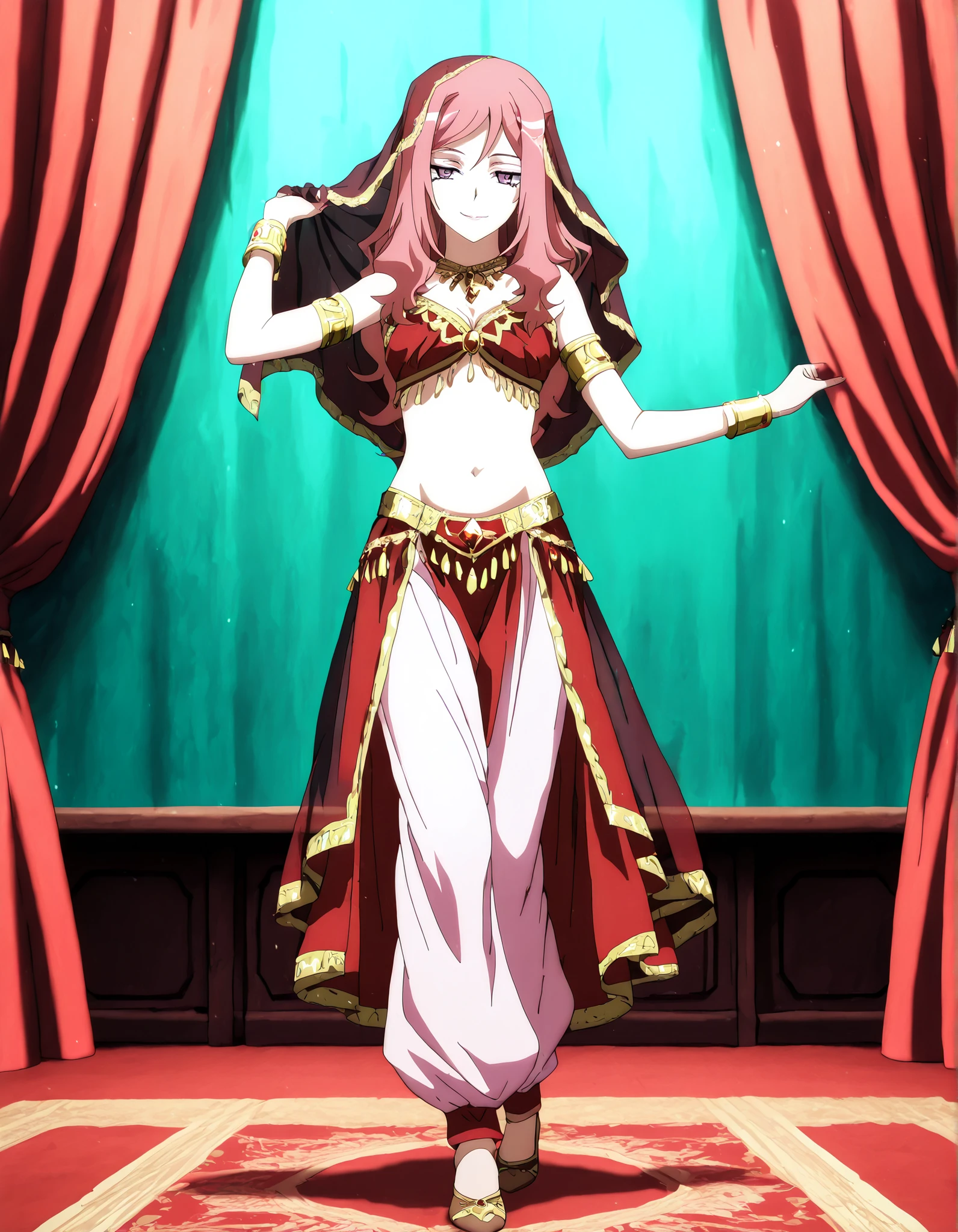 (1girl:1 . 5) , (Seul:1 . 5) , score_9 , score_8_haut , score_7_haut , source_anime , Official work  , ultra-detailed , masterpiece , better quality , high resolution , beaux yeux , detailed eyes , Detailed face , beautiful detailed eyes,long hair, pink hair, purple eyes,Cardfight!! Vanguard,Kumi Okazaki,Arabian Clothes , Arabian Dancer Outfit ,belly dancer costume,belly dancer outfit ,full body,golden jewelery,armlet, belly dancing,arabian theater,seductive smile, dancing with veil, dynamic movement,dance posture,  pose