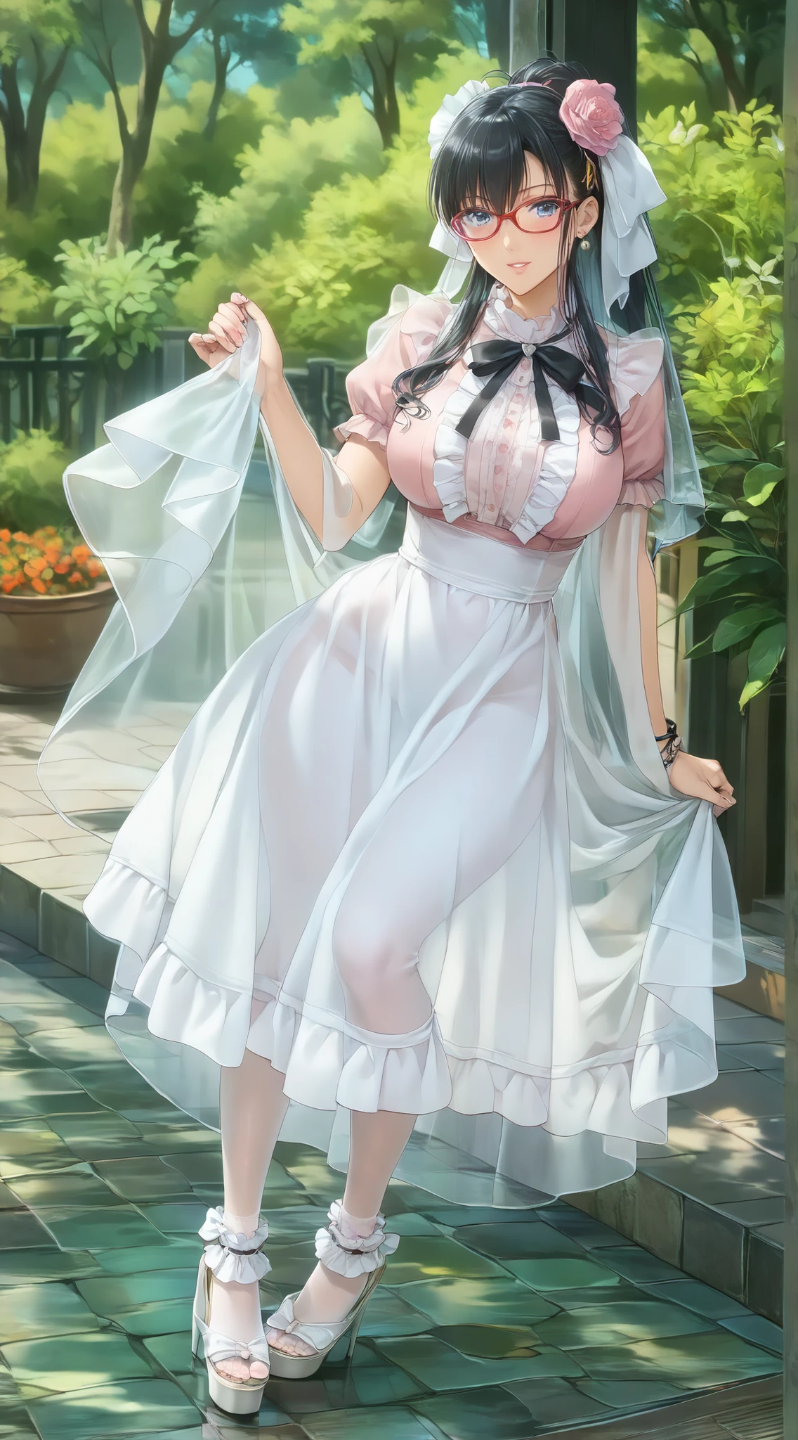 ((inspired by )),((inspired by Animation Style:1.5)),(masterpiece, best quality),beautiful, beautiful-woman, ((detailed face)).(full body:1.3).,
((black hair)), glasses, blue eyes, long hair, over-rim eye-wear,semi-rimless eye-wear, between eyes .(red-framed glasses:1.2),
,
1-woman.
((The woman is wearing jirai-kei fashion)),pink frilled shirt with short puff sleeves, black neck ribbon,and high waist skirt with black frilled see-through knee-highs-socks ,(platform footwear). ,((jirai-kei:1.5)), pink shirt, black skirt, twin-tail, ((frilled see-through socks:1.2)),large breast