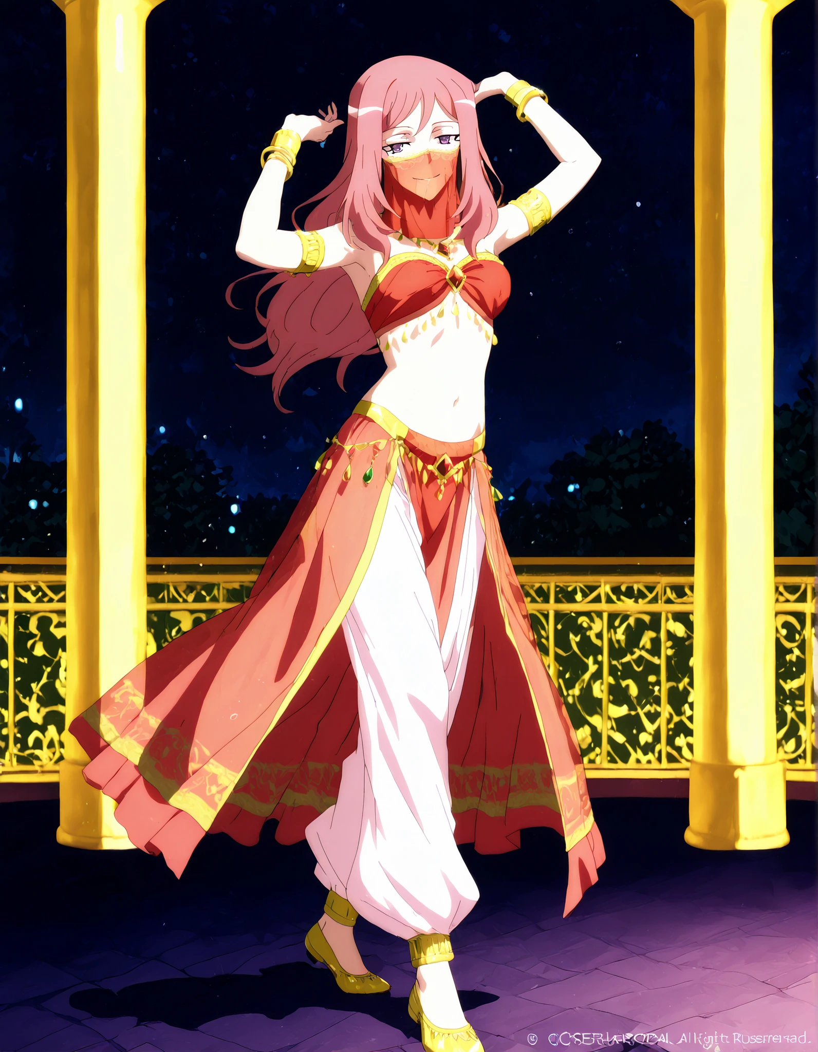 (1girl:1 . 5) , (Seul:1 . 5) , score_9 , score_8_haut , score_7_haut , source_anime , Official work  , ultra-detailed , masterpiece , better quality , high resolution , beaux yeux , detailed eyes , Detailed face , beautiful detailed eyes,long hair, pink hair, purple eyes,Cardfight!! Vanguard,Kumi Okazaki,Arabian Clothes , Arabian Dancer ,belly dancer costume,belly dancer outfit ,full body,golden jewelery,mouth veil,armlet, belly dancing,night,arabian garden,seductive smile, dancing with veil, dynamic movement,dance posture,  pose