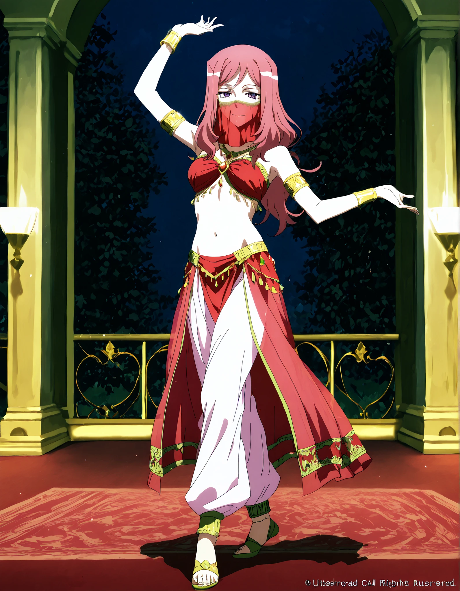 (1girl:1 . 5) , (Seul:1 . 5) , score_9 , score_8_haut , score_7_haut , source_anime , Official work  , ultra-detailed , masterpiece , better quality , high resolution , beaux yeux , detailed eyes , Detailed face , beautiful detailed eyes,long hair, pink hair, purple eyes,Cardfight!! Vanguard,Kumi Okazaki,Arabian Clothes , Arabian Dancer ,belly dancer costume,belly dancer outfit ,full body,golden jewelery,mouth veil,armlet, belly dancing,night,arabian garden,seductive smile, dancing with veil, dynamic movement,dance posture,  pose