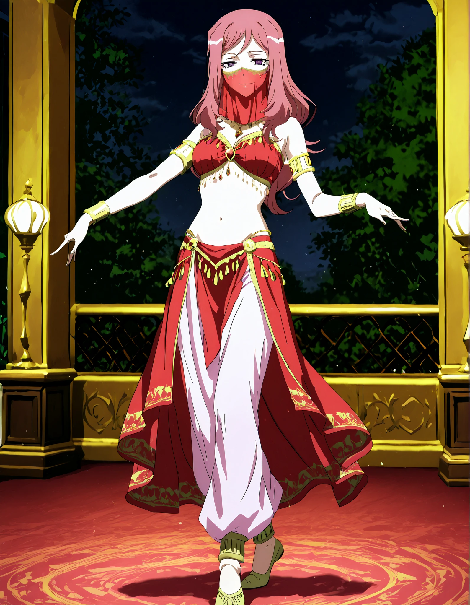 (1girl:1 . 5) , (Seul:1 . 5) , score_9 , score_8_haut , score_7_haut , source_anime , Official work  , ultra-detailed , masterpiece , better quality , high resolution , beaux yeux , detailed eyes , Detailed face , beautiful detailed eyes,long hair, pink hair, purple eyes,Cardfight!! Vanguard,Kumi Okazaki,Arabian Clothes , Arabian Dancer ,belly dancer costume,belly dancer outfit ,full body,golden jewelery,mouth veil,armlet, belly dancing,night,arabian garden,seductive smile, dancing with veil, dynamic movement,dance posture,  pose