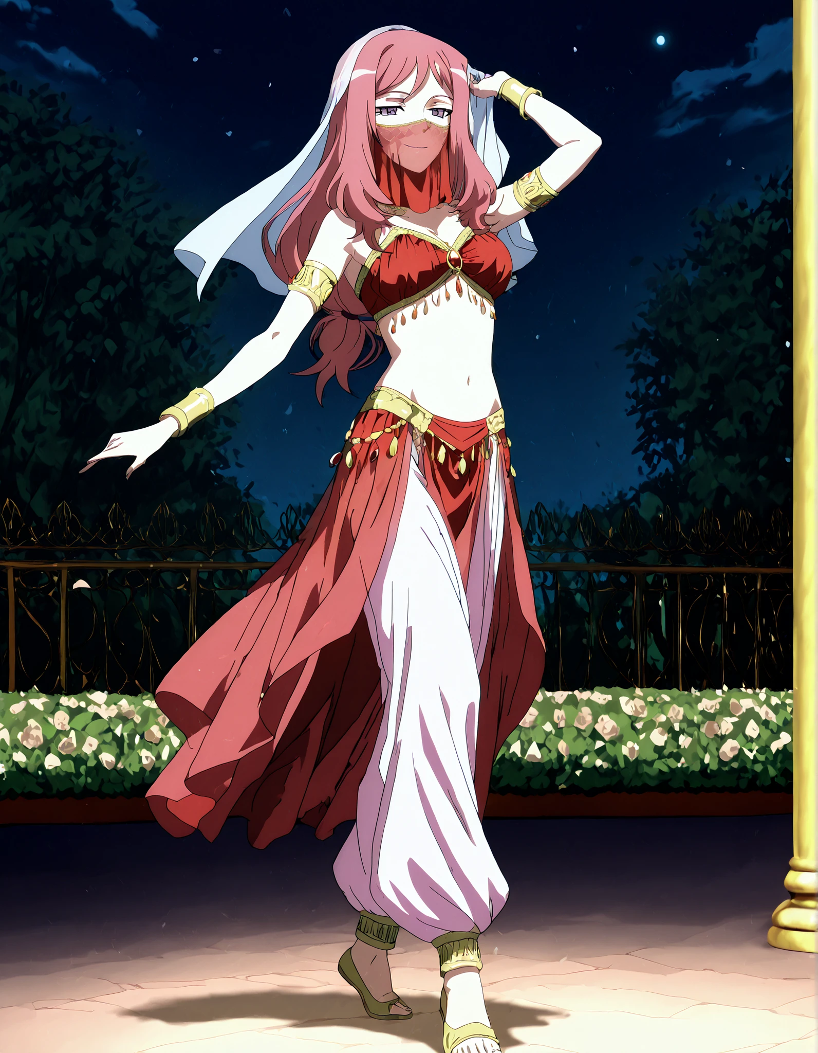 (1girl:1 . 5) , (Seul:1 . 5) , score_9 , score_8_haut , score_7_haut , source_anime , Official work  , ultra-detailed , masterpiece , better quality , high resolution , beaux yeux , detailed eyes , Detailed face , beautiful detailed eyes,long hair, pink hair, purple eyes,Cardfight!! Vanguard,Kumi Okazaki,Arabian Clothes , Arabian Dancer ,belly dancer costume,belly dancer outfit ,full body,golden jewelery,mouth veil,armlet, belly dancing,night,arabian garden,seductive smile, dancing with veil, dynamic movement,dance posture,  pose
