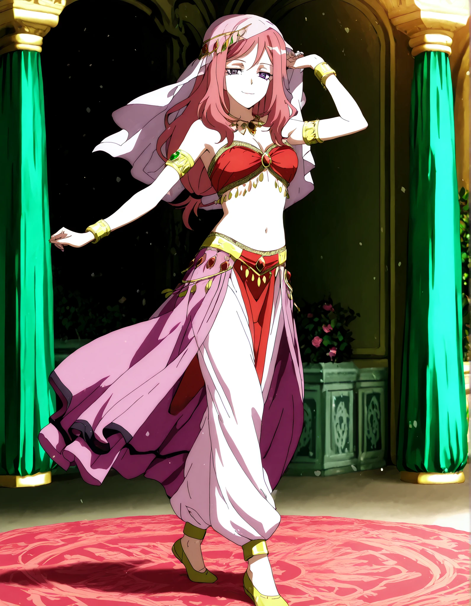 (1girl:1 . 5) , (Seul:1 . 5) , score_9 , score_8_haut , score_7_haut , source_anime , Official work  , ultra-detailed , masterpiece , better quality , high resolution , beaux yeux , detailed eyes , Detailed face , beautiful detailed eyes,long hair, pink hair, purple eyes,Cardfight!! Vanguard,Kumi Okazaki,Arabian Clothes , Arabian Dancer Outfit ,belly dancer costume,belly dancer outfit ,full body,golden jewelery,armlet, belly dancing,arabian garden,seductive smile, dancing with veil, dynamic movement,dance posture,  pose
