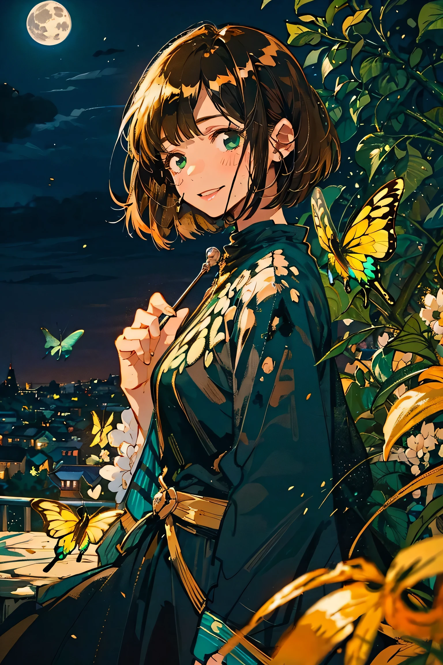A full moon full of screens,Upper body angle, Attractive Expressions, beautiful woman's cool eyes, Smile Yan,Flickering brown hair 、 emerald green, Clear night sky , bob cut, hyperrealism, European black elegant dress,Play with black swallowtail butterfly