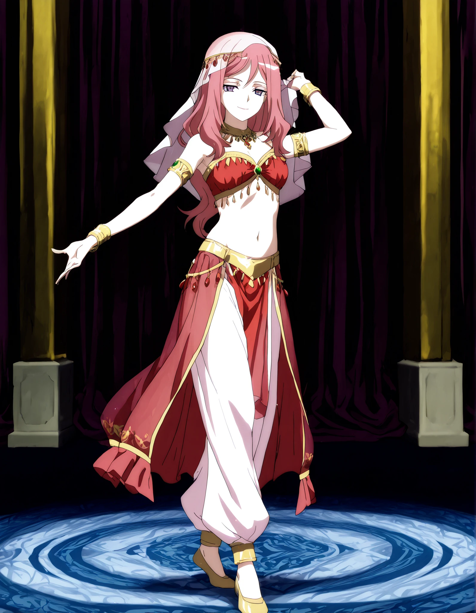 (1girl:1 . 5) , (Seul:1 . 5) , score_9 , score_8_haut , score_7_haut , source_anime , Official work  , ultra-detailed , masterpiece , better quality , high resolution , beaux yeux , detailed eyes , Detailed face , beautiful detailed eyes,long hair, pink hair, purple eyes,Cardfight!! Vanguard,Kumi Okazaki,Arabian Clothes , Arabian Dancer Outfit ,belly dancer costume,belly dancer outfit ,full body,golden jewelery,armlet, belly dancing,arabian garden,seductive smile, dancing with veil, dynamic movement,dance posture,  pose