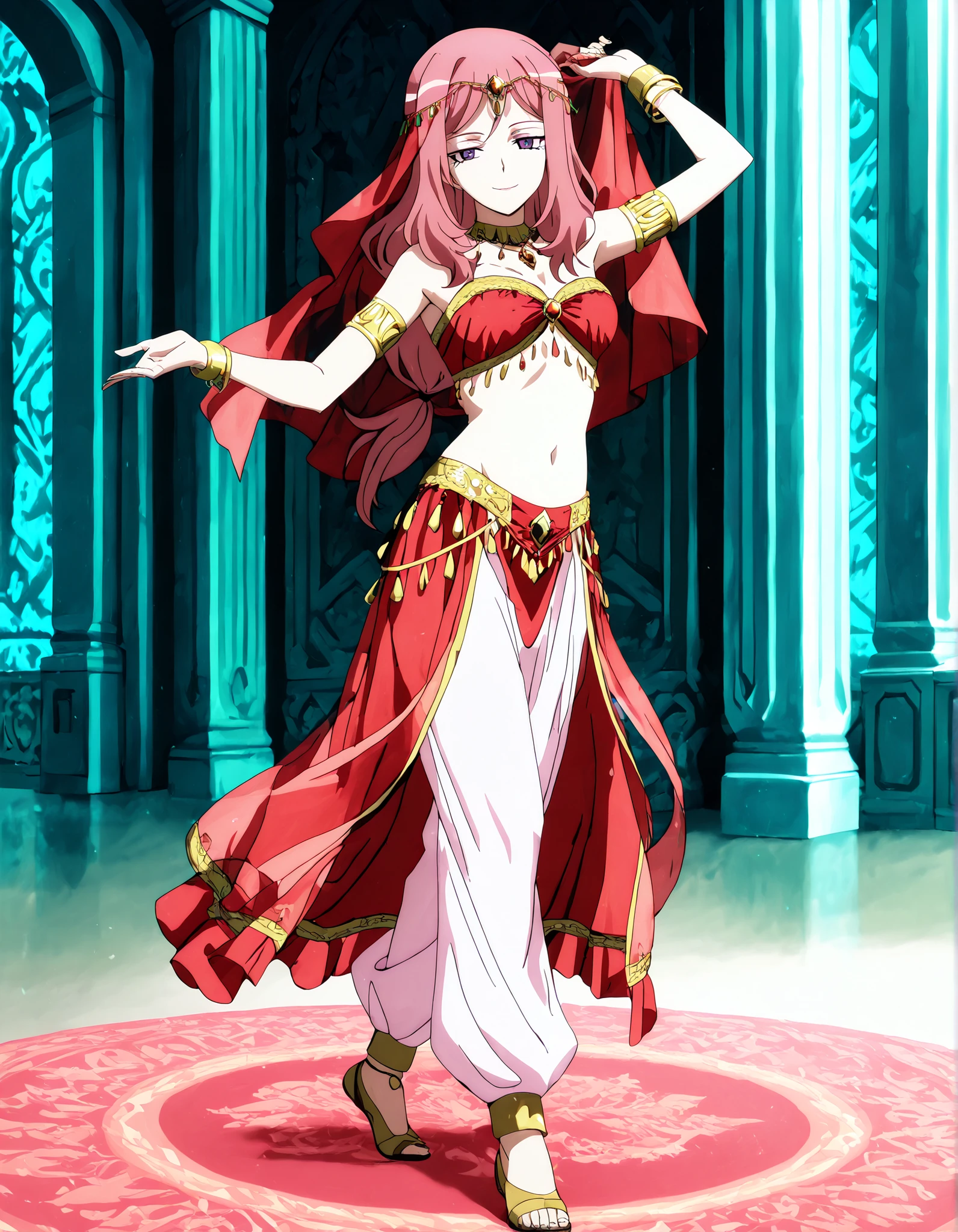 (1girl:1 . 5) , (Seul:1 . 5) , score_9 , score_8_haut , score_7_haut , source_anime , Official work  , ultra-detailed , masterpiece , better quality , high resolution , beaux yeux , detailed eyes , Detailed face , beautiful detailed eyes,long hair, pink hair, purple eyes,Cardfight!! Vanguard,Kumi Okazaki,Arabian Clothes , Arabian Dancer Outfit ,belly dancer costume,belly dancer outfit ,full body,golden jewelery,armlet, belly dancing,arabian garden,seductive smile, dancing with veil, dynamic movement,dance posture,  pose