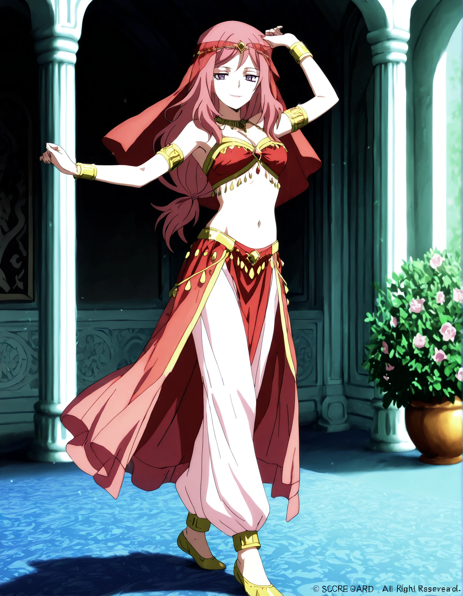 (1girl:1 . 5) , (Seul:1 . 5) , score_9 , score_8_haut , score_7_haut , source_anime , Official work  , ultra-detailed , masterpiece , better quality , high resolution , beaux yeux , detailed eyes , Detailed face , beautiful detailed eyes,long hair, pink hair, purple eyes,Cardfight!! Vanguard,Kumi Okazaki,Arabian Clothes , Arabian Dancer Outfit ,belly dancer costume,belly dancer outfit ,full body,golden jewelery,armlet, belly dancing,arabian garden,seductive smile, dancing with veil, dynamic movement,dance posture,  pose
