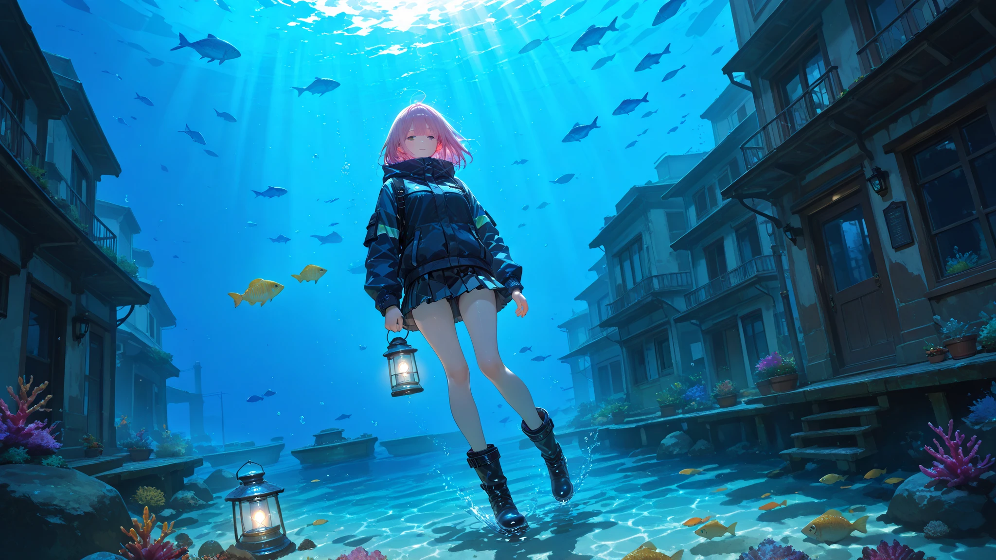 Cute,748cmstyle,(masterpiece:1.2, best quality), (beautiful detailed eyes:1.2), ((beautiful girl)), (very detailed CG, ultra detailed), (very detailed and beautiful:1.1), (perfect details:1.1), a cute girl, solo, wearing a waterproof jacket and a waterproof mini skirt, waterproof boots, holding a lantern with a blue light, looking down at a submerged ruined city from the top of a ruined building, underwater, vibrant fish swimming around, sunlight filtering through water, mysterious atmosphere, dynamic lighting, vibrant colors, high angle shot