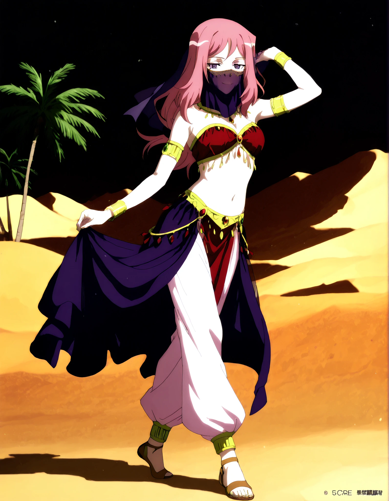 (1girl:1 . 5) , (Seul:1 . 5) , score_9 , score_8_haut , score_7_haut , source_anime , Official work  , ultra-detailed , masterpiece , better quality , high resolution , beaux yeux , detailed eyes , Detailed face , beautiful detailed eyes,long hair, pink hair, purple eyes,Cardfight!! Vanguard,Kumi Okazaki,Arabian Clothes , Arabian Dancer Outfit ,belly dancer costume,belly dancer outfit ,full body,golden jewelery,mouth veil,armlet, belly dancing,night,desert lands,palm tree,seductive smile, dancing with veil, dynamic movement,dance posture,  pose
