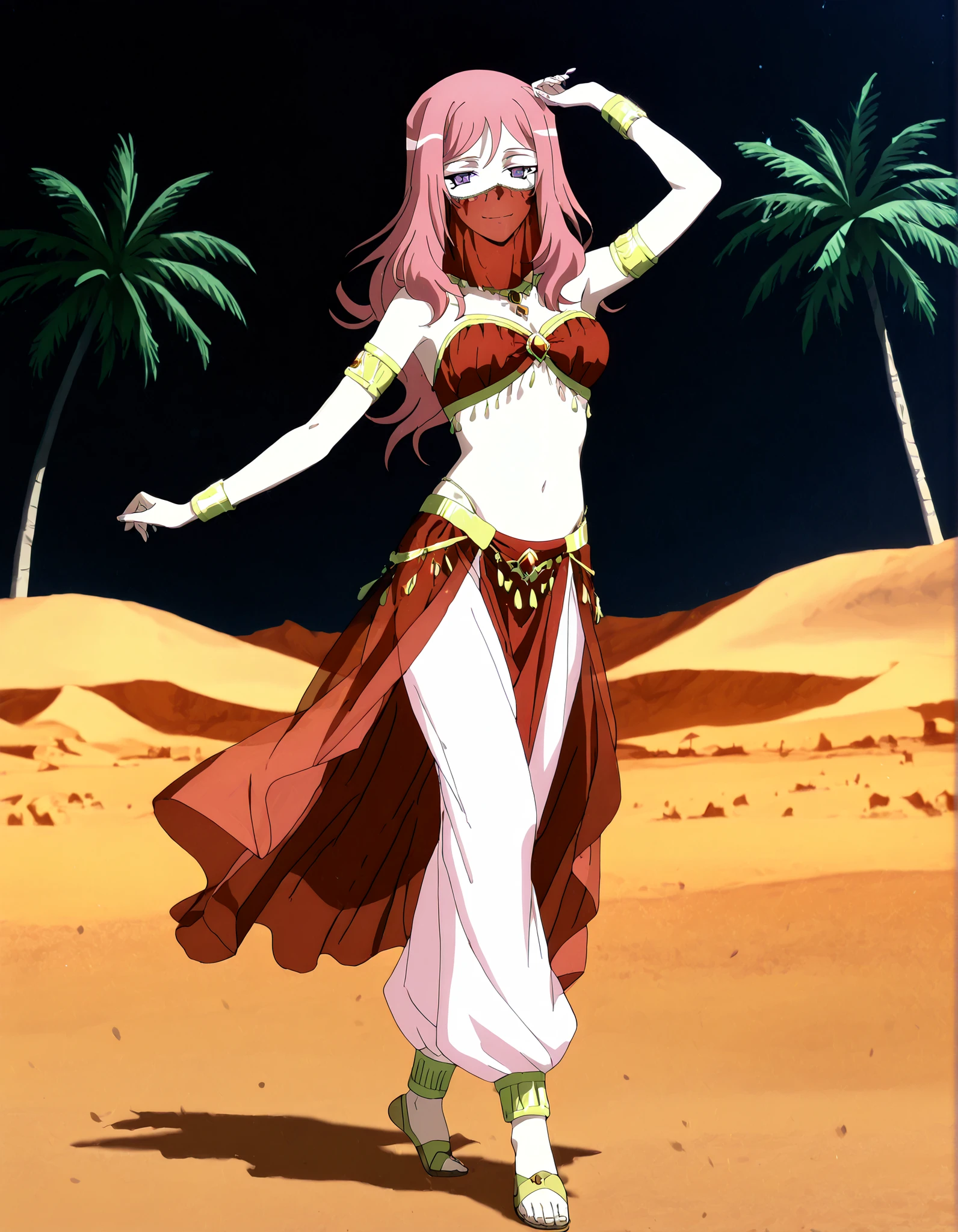 (1girl:1 . 5) , (Seul:1 . 5) , score_9 , score_8_haut , score_7_haut , source_anime , Official work  , ultra-detailed , masterpiece , better quality , high resolution , beaux yeux , detailed eyes , Detailed face , beautiful detailed eyes,long hair, pink hair, purple eyes,Cardfight!! Vanguard,Kumi Okazaki,Arabian Clothes , Arabian Dancer Outfit ,belly dancer costume,belly dancer outfit ,full body,golden jewelery,mouth veil,armlet, belly dancing,night,desert lands,palm tree,seductive smile, dancing with veil, dynamic movement,dance posture,  pose
