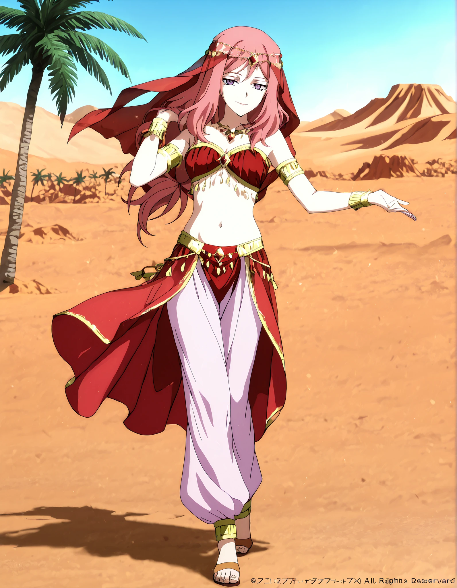 (1girl:1 . 5) , (Seul:1 . 5) , score_9 , score_8_haut , score_7_haut , source_anime , Official work  , ultra-detailed , masterpiece , better quality , high resolution , beaux yeux , detailed eyes , Detailed face , beautiful detailed eyes,long hair, pink hair, purple eyes,Cardfight!! Vanguard,Kumi Okazaki,Arabian Clothes , Arabian Dancer Outfit ,belly dancer costume,belly dancer outfit ,full body,golden jewelery,armlet, belly dancing,desert lands,palm tree,seductive smile, dancing with veil, dynamic movement,dance posture,  pose