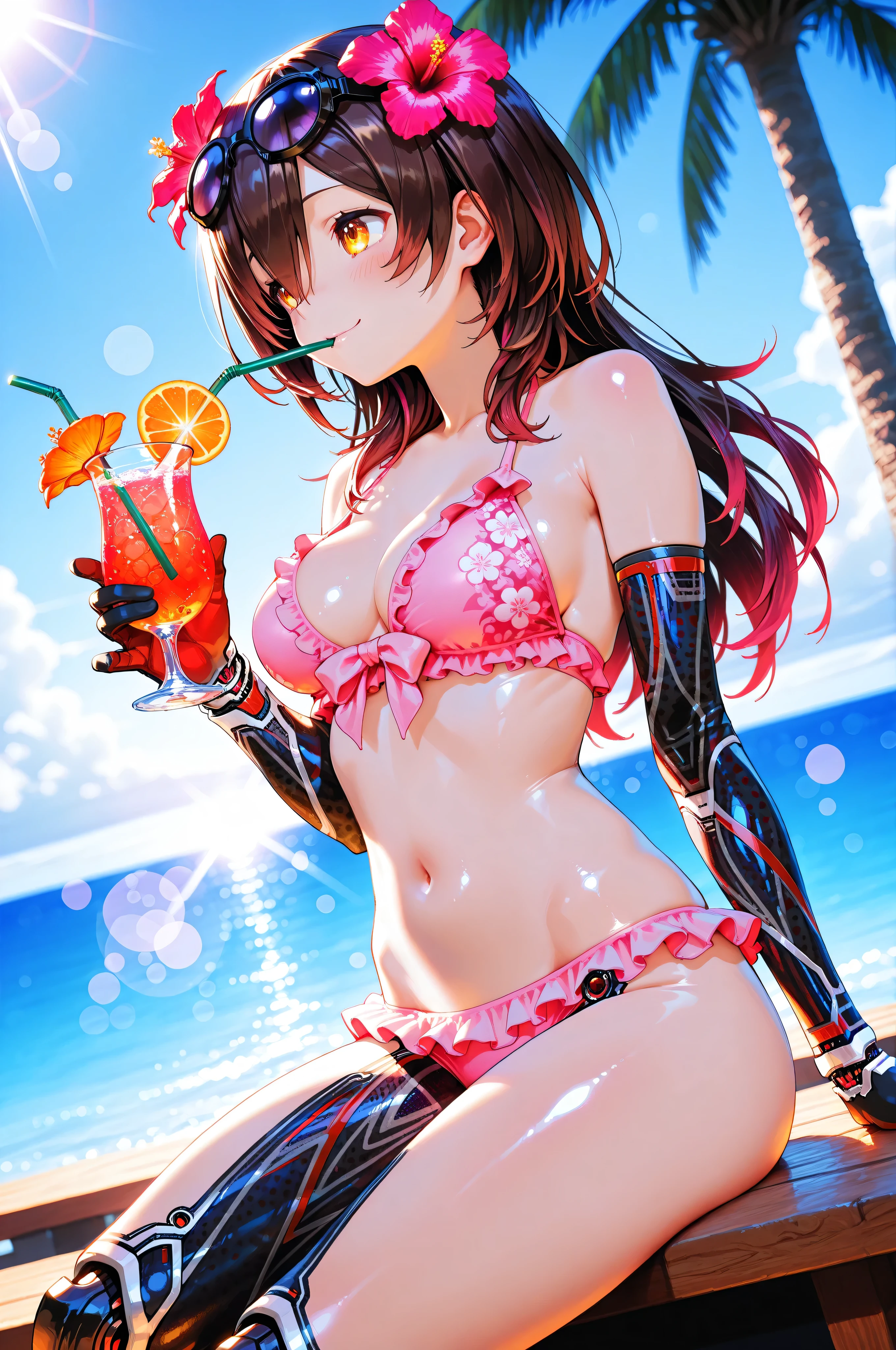 1girl, Roboco-san_(Hololive on the game), High Quality, masterpiece, 4K, 8k, Hi-Res, super detailed, HDR, Ultra High Definition, studio lighting, Ultra Fine Painting, Extremely Detailed Description, professional, Brilliant Colors, Bokeh, anime style,source anime ,shiny skin, Cinematic, masterpiece, 最High Quality, Good quality, Newest,
masterpiece, best quality, amazing quality, absurdres, ultra highres, 8K UHD, hyper-detailed, depth of field, scenery, lightrays, chiaroscuro, dynamic angle, 1girl, (petite but curvy), shiny skin, hair flower, hibiscus, many hair ornements, many small hair flowers, black round , a pink frilly swimsuit), sitting, holding glass, drinking tropical juice, drinking from the straw, tropical vibe, tropical, palm trees, ocean, sky, cloud, horizon, bokeh, sunshine, sunbeam, lens flare, Medium-sized breasts, childishsmile,