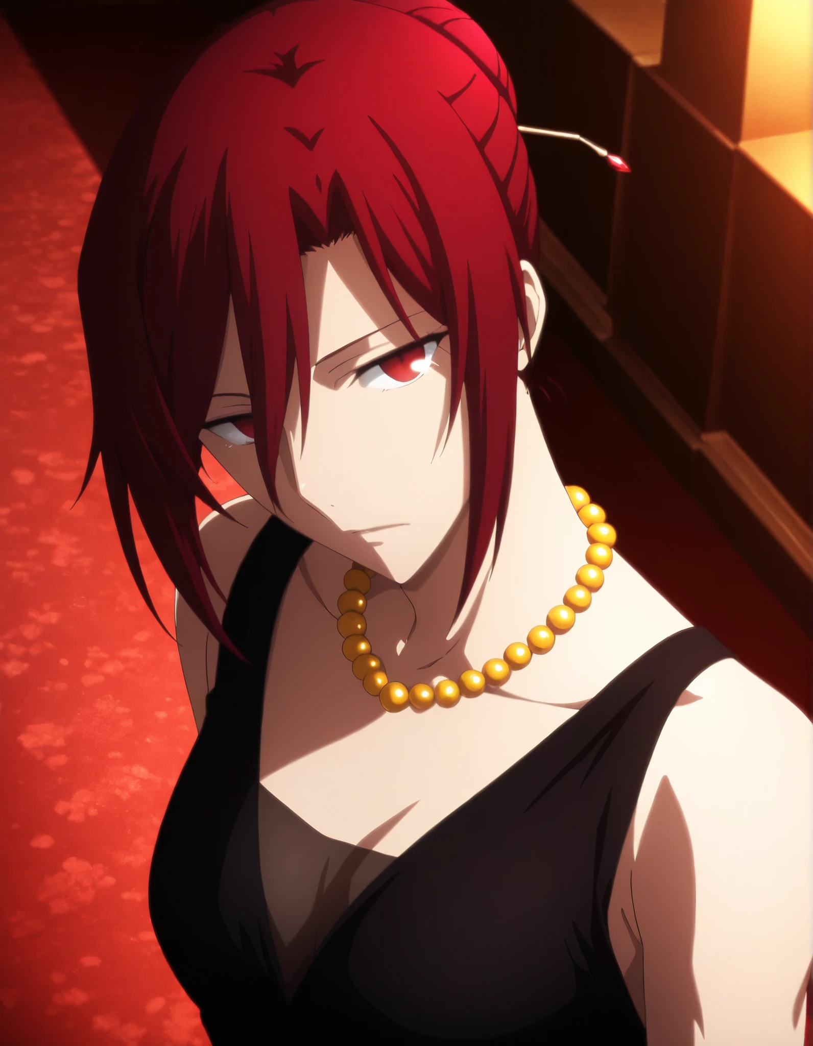 <lora:KnK_aozaki_toukoXLIllustrious001>,
masterpiece,best quality,good quality,newest, ufotable anime style, (anime coloring), (anime screencap), 
detailed background, indoors, (lobby),
head tilt, ,
looking at viewer, (small breasts),
solo, upper body, from above,
anime coloring, 
aozaki_touko\(kara_no_kyoukai\),1girl, dark red hair,updo,hair bun, dark red eyes, (aged up:1.5),                                                                                                                              
yellow pearl_necklace,black dress,see-through,sleeveless,strap dress,long_dress,