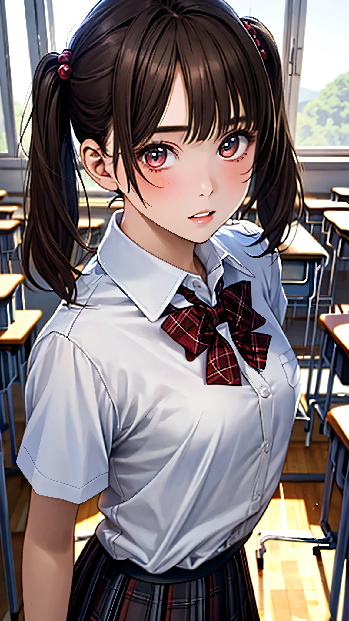 (8K,Realistic, Tabletop, Highest quality, RAW Photos:1.3)、One Girl, 18-year-old,alone,high school girl, Long Hair, Brown Hair, Beautiful face in every detail, Attractive face, (Beautiful brown eyes in every detail:1.2), Medium ,(Underbust:1.0),(Covered :0.99),(Loose Sailor Uniform :1.35), ( Slim beauty with perfect body: 1.4),(  Pose:1.3), (View your viewers, Front view,Eyes focus:1.2), Detailed Background, (sunset:1.2), classroom,Fine details, Intricate details,  Ray Tracing, Depth of written boundary, Captivating smile,classroom,