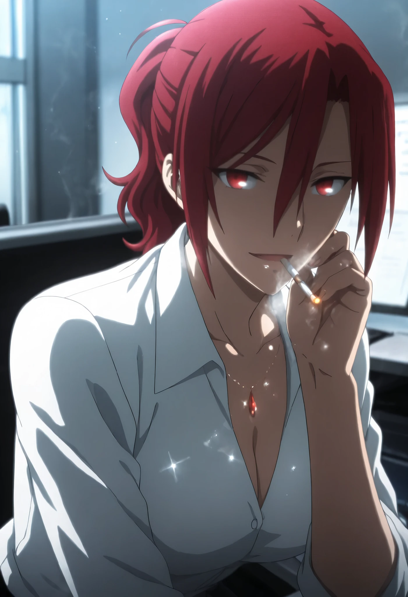 <lora:KnK_aozaki_toukoXLIllustrious001>,
masterpiece,best quality,good quality,newest,
office,glitter,
light smile, light open mouth,
looking at viewer,
solo,
anime coloring,
aozaki_touko\(kara_no_kyoukai\),1girl,red hair,ponytail,red eyes,
small breasts, (aged up:1.2),
white shirt,collared_shirt, sleeves rolled up, cleavage,
smoking, ,