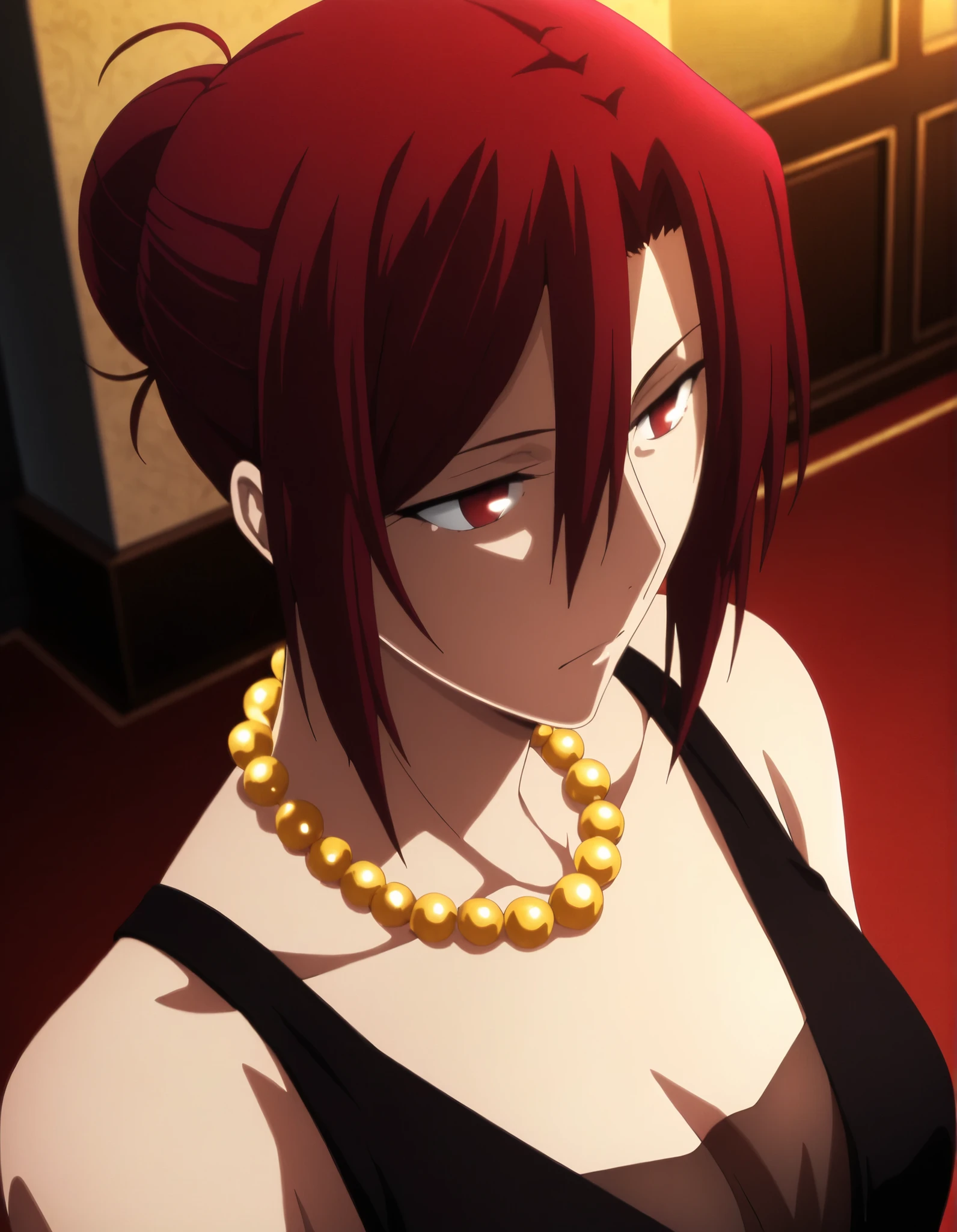 <lora:KnK_aozaki_toukoXLIllustrious001>,
masterpiece,best quality,good quality,newest, ufotable anime style, (anime coloring), (anime screencap), 
detailed background, indoors, (lobby),
head tilt, ,
looking away, small breasts,
solo, upper body, from above,
anime coloring, 
aozaki_touko\(kara_no_kyoukai\),1girl, dark red hair,updo,hair bun, dark red eyes, (aged up:1.5),                                                                                                                              
yellow pearl_necklace,black dress,see-through,sleeveless,strap dress,long_dress, cleavage,