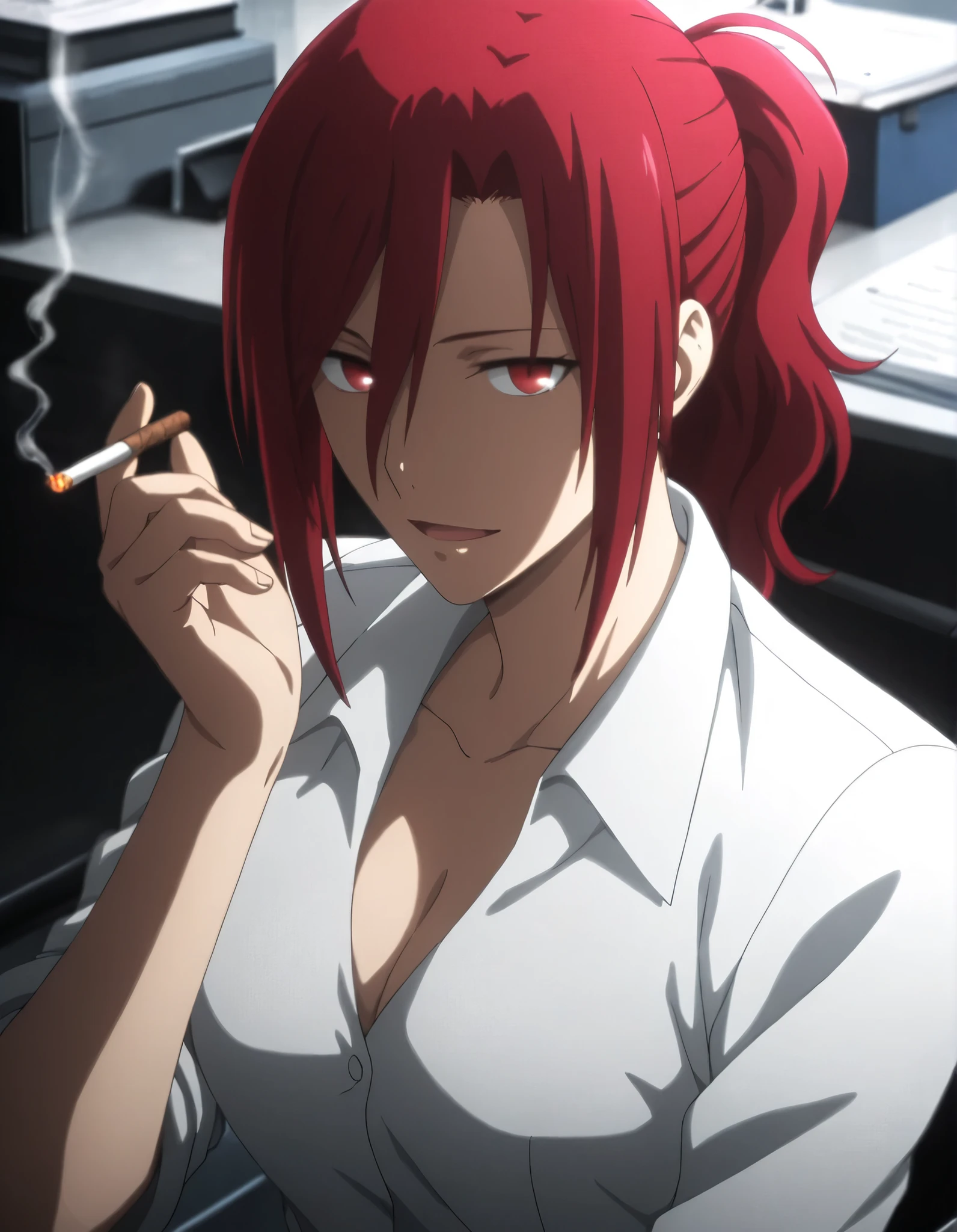 <lora:KnK_aozaki_toukoXLIllustrious001>,
masterpiece,best quality,good quality,newest,
office, dark grat,
light smile, light open mouth,
looking at viewer,
solo,
anime coloring,
aozaki_touko\(kara_no_kyoukai\),1girl,red hair,ponytail,red eyes,
small breasts, (aged up:1.2),
white shirt,collared_shirt, sleeves rolled up, cleavage,
smoking, ,