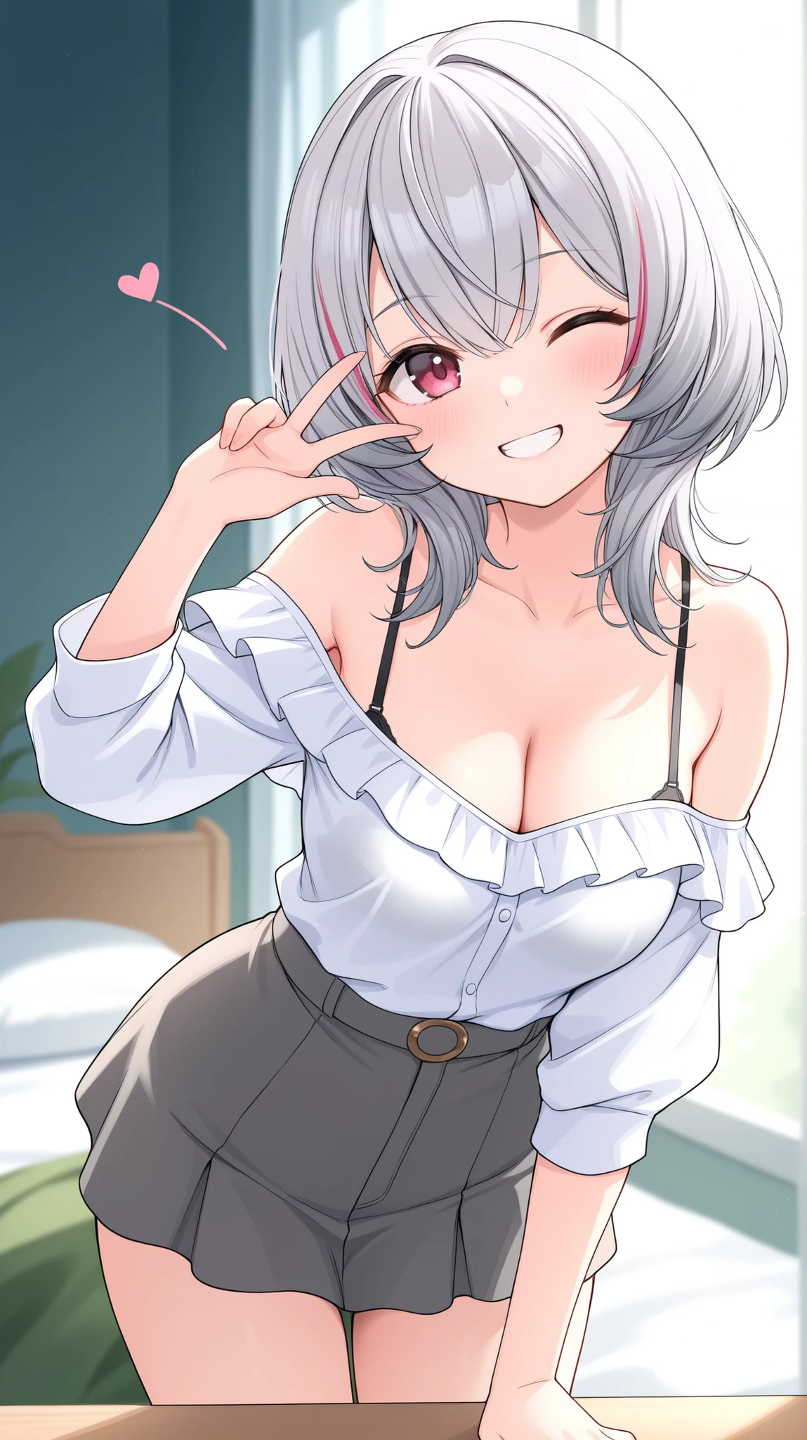 Off-the-shoulder shirt, girl with pink gray hair, short hair,  Bra Straps, long hair, wink, Smiling,  mini skirt