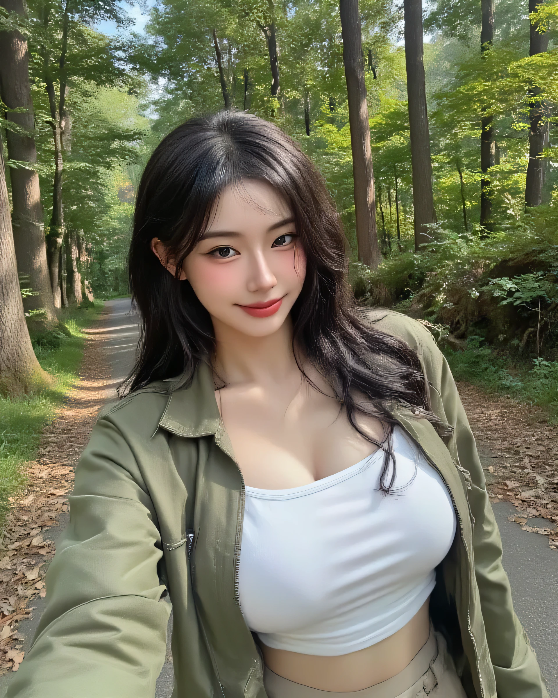 s3lfi3, 1girl, solo, long hair, looking at viewer, black hair, long wavy hair,
wearing an olive-green cropped hiking jacket over a fitted white tank top,
paired with high-waisted cargo shorts in beige for an outdoor adventure look,
upper body visible from waist up, relaxed natural pose, realistic, photorealistic,
selfie, selfie photo, selfie image,
this is a selfie photograph of a young woman with a fair complexion and long, wavy black hair,
slightly tousled by the gentle forest breeze.
she has soft expressive eyes, a small nose, and natural lips with a cheerful adventurous smile.
she is standing on a narrow forest trail surrounded by tall lush green trees,
dappled sunlight filtering through the leaves, casting gentle light spots on her hair and outfit.
the framing of the photo is slightly pulled back to include her from the waist upward,
highlighting her practical yet stylish outfit against the vibrant greenery of the forest.
the background shows a serene woodland path covered with fallen leaves,
soft rays of golden afternoon sunlight creating a warm, peaceful, natural atmosphere.
the overall composition feels fresh, lively, and realistic,
focusing on her expression and outfit while capturing the beauty of the forest as a tranquil outdoor selfie backdrop.
