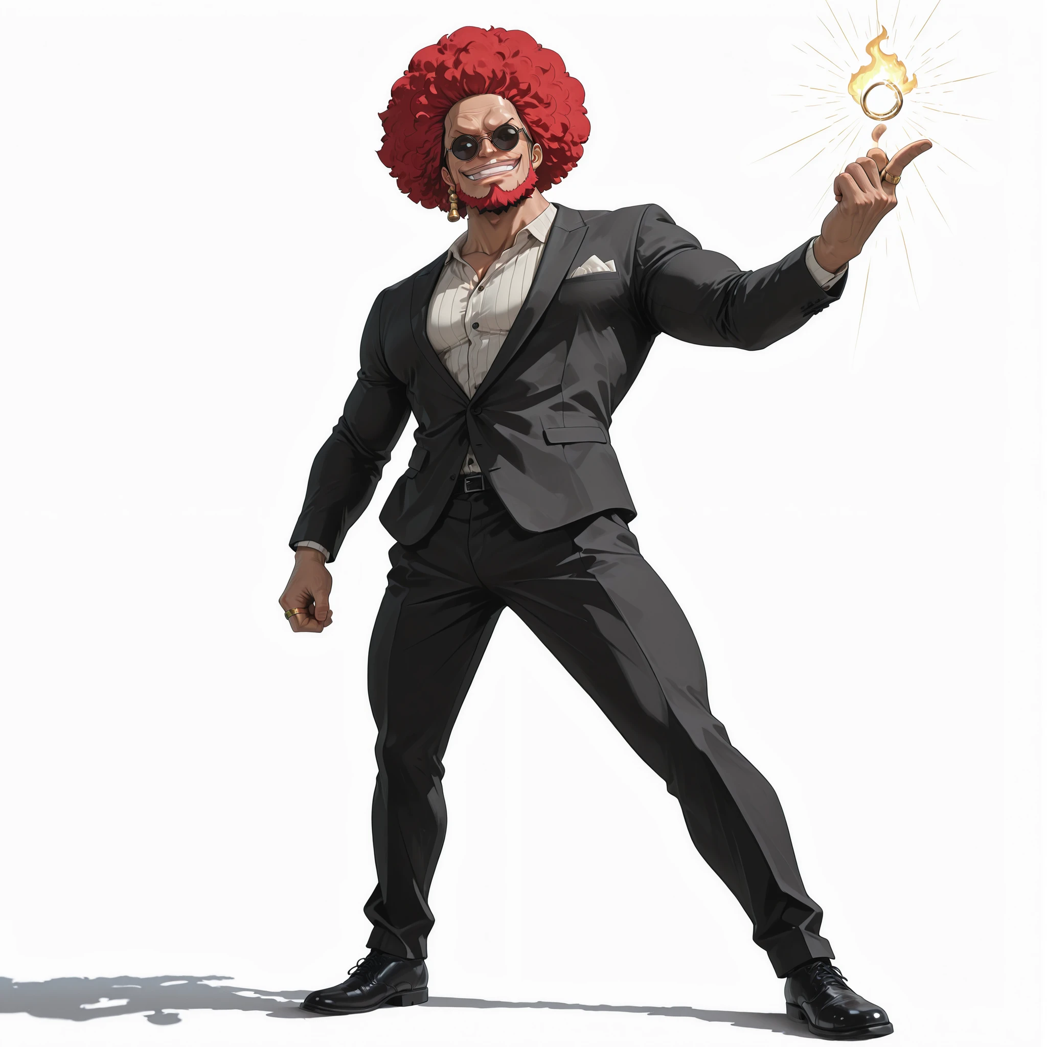 (male), (man), (red hair, afro hairstyle), (chin beard), (round sunglasses), ((big muscular body), (solo), (single character), (full body version), (white background), (no background), (highly detailed), (shadow), (standing pose), (natural light), (detailed outfit), (detailed hand), (detailed face), (detailed hair)
Wearing a formal suit, black trouser, black shoes, golden ring on finger. (One piece style art)