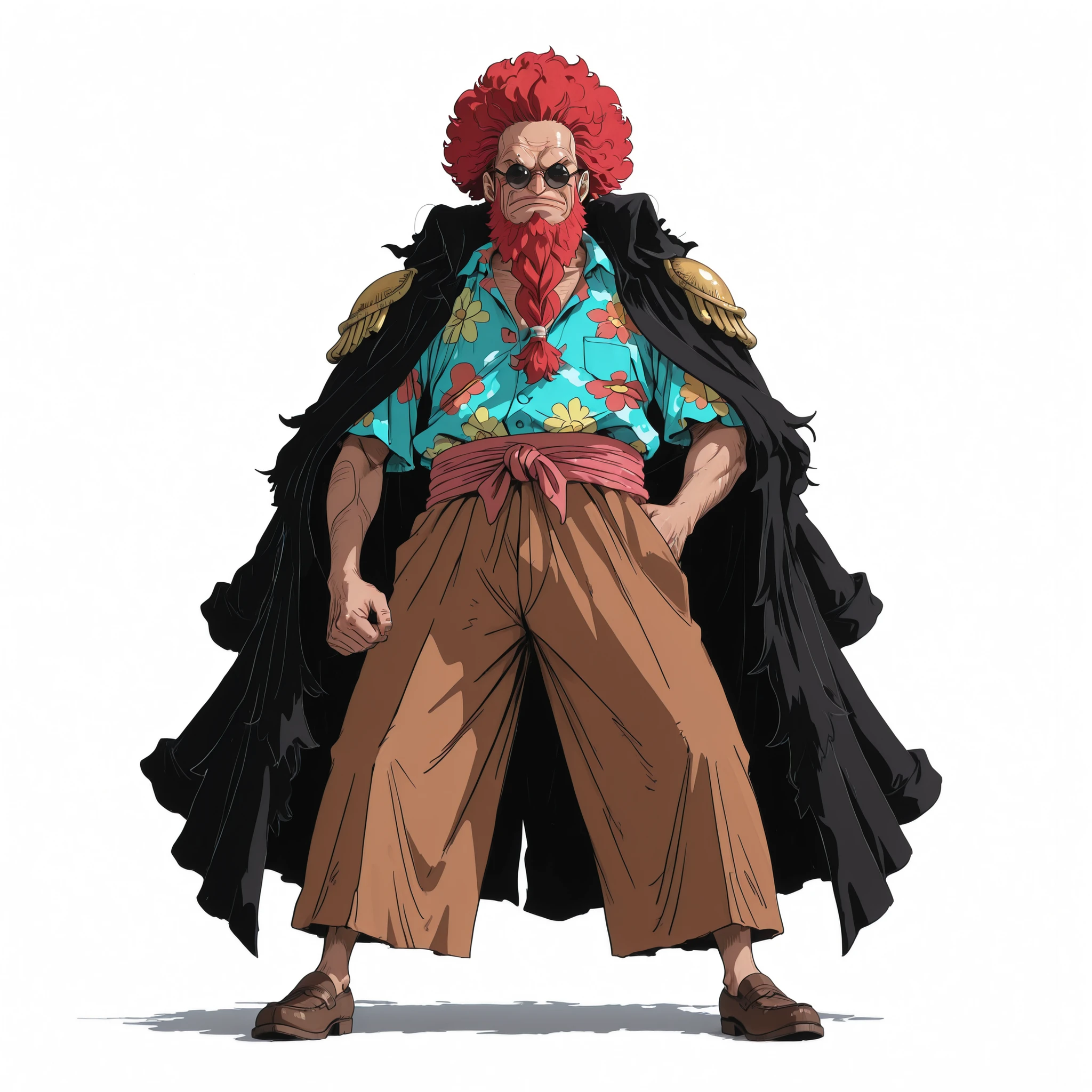 (male), (old man), (red afro hair), (long braided beard), (round sunglasses), (serious face), (solo), (single character), (full body version), (white background), (no background), (highly detailed), (shadow), (standing pose), (natural light), (detailed outfit), (detailed hand), (detailed face), (detailed hair) Wearing a colorful Hawaiian shirt with floral patterns, brown trouser, brown loafers, and a long black admiral cloak with golden shoulder pads, holding a beer in one hand. (One piece style art)