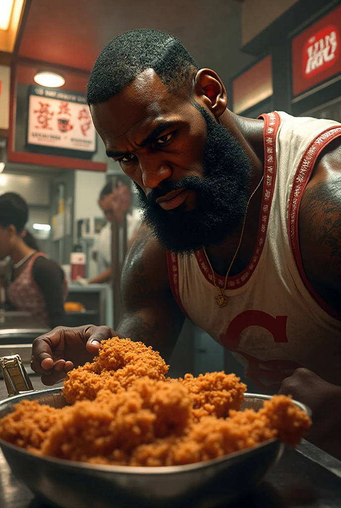 Medium muscular guy with medium long brown hair and black beanie hat eating fried chicken