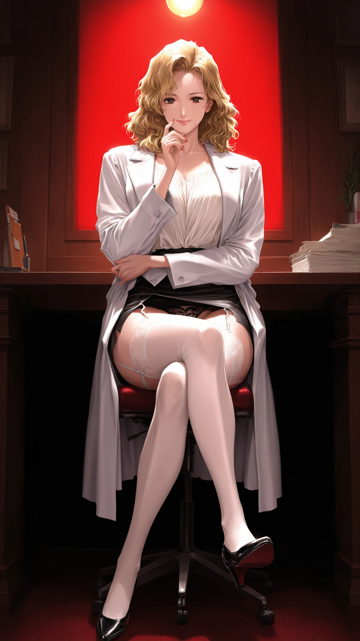 Highest Quality, high resolution, masterpiece:1.2), Ultra Details, (realistic, photo-realistic:1.37),  fluorescent colors, One Girl's Rest Day, Interact with the audience, beautiful face above the castle gate, amazing eyes, ),  upper body, Shiny Hair, growing skin , Glowing Contours , bright color,   harmonious lighting  ", photorealistic, 4K, 8k、 （ full body portrait 1  .5）、　　　　　　　　　　　　Score 9, score 8 up,　1girl, solo,　((beautiful eyes))、((Medium Hair:1.4)) , ((I applied it to my wavy hair:1.4)) , ((Blonde:1.3)) , brown eyes , Lashes , lips , BIG BREASTS 　、　white coat,　red tie , 　 white blouse、　black pencil skirt, 　white garter belt,　 white stockings, 　Black Lace Panties、　red nails、　　holding a screw　　((mature woman))、　(women in their late 20s)　　　((HAPPY SMILE:1.4))　1990s anime style　　　　　　　　　　　　　　　　　　　　　　　　　　　　　　　　　　　BREAK 　 beautiful artwork, Best Aesthetic, high resolution, masterpiece, perfect details, Highest Quality,　　　、BREAK 　 1girl, solo,  Takei Masaki's Retro Art Style　　　　　　　　　　　　　　　　　　　　　　　　　　　　　　　　　　　　　　　　　　　　　　　　　　　　　　　　　　　　　　　　　　　　　　　　　　　　　　　BREAK      　　infirmary、 desk sitting on bed 、  document、　      　　　　　　　　　　　　　　　　　　　　　　　　　　　　　　　　　　　　　　　　　　　　BREAK      　　((4K,8k,ultra high definition)),((masterpiece:1.2)),((Highest Quality:1.2)),((details:1.4)),((detailsな背景:1.4))　　　　　　　　　　　　　　　　　　　　　　　　　　　　　　　　　　　　　　　　　　　　　　　　　　　　　　　　　　　　　　　　　BREAK 　　　4 fingers and 1 thumb、Reduce the number of digits/No fingers、「Five Fingers」、Extra Digits、Bad Hands、error、Futa/Futanari　　　