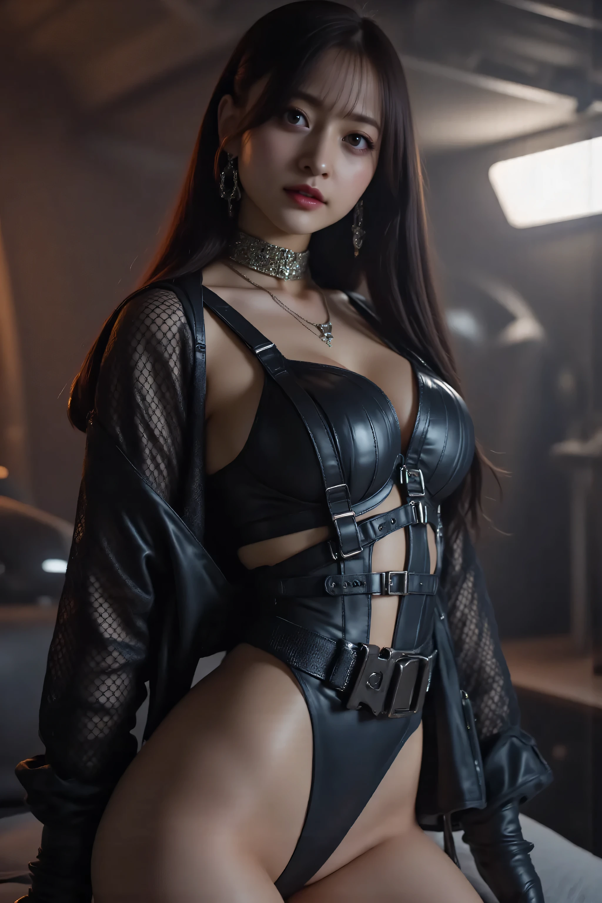 (((Inside a dark spaceship:2.0))),(((HR Gigger Style Cyberpunk Atmosphere:2.0))),((Side view from back:1.7)),Side pose,((look back and look at the camera:2.0)),((looking back over shoulder:2.0)),back view,A woman,(cute face:1.7),(Beautiful well-balanced face :1.7),((long hair:2.0)),(dark haired:1.5),(beautiful eyes:1.3),blade runner style lighting,Beautiful Slender Body,(((model body type:2.0))),((slim body:2.0)),perfect body line,ideal proportions,(big breasts:2.0),((スリーサイズ90-58-86:3.0)),((G cup breasts:2.0)),Big Breasts,Bare thighs,sensual thighs,delicate body,(muscular:1.5),(wet:1.7),natural posture,(((beautiful tight butt:2.0))),((cute ass:2.0)),(carefully depicts limbs based on perfect anatomy:2.0),((Black Police Style Super High Leg Harness:2.0)),((Harness with Dale:2.0)),((((Black Military Jacket with Open Front:2.0))),((Tactical Holster:2.0)),(((thick fishnet tights:2.0))),((Tactical Holster:1.5)),(Gloves:1.3),concept art,(Highest Quality:1.5),(masterpiece:1.5),(超高Resolution),Resolution,UHD,(delicate depiction),carefully drawn,32k,((realistic skin texture:1.5)),(((Ultra Realistic:1.5))),carefully drawn eyelashes,highly detailed face,highly detailed female hands,very sensual,(Blurry, dim background:1.5),professional photo shoot,(Movie Lights:2.0),((Blade Runner Style Lighting:2.0))