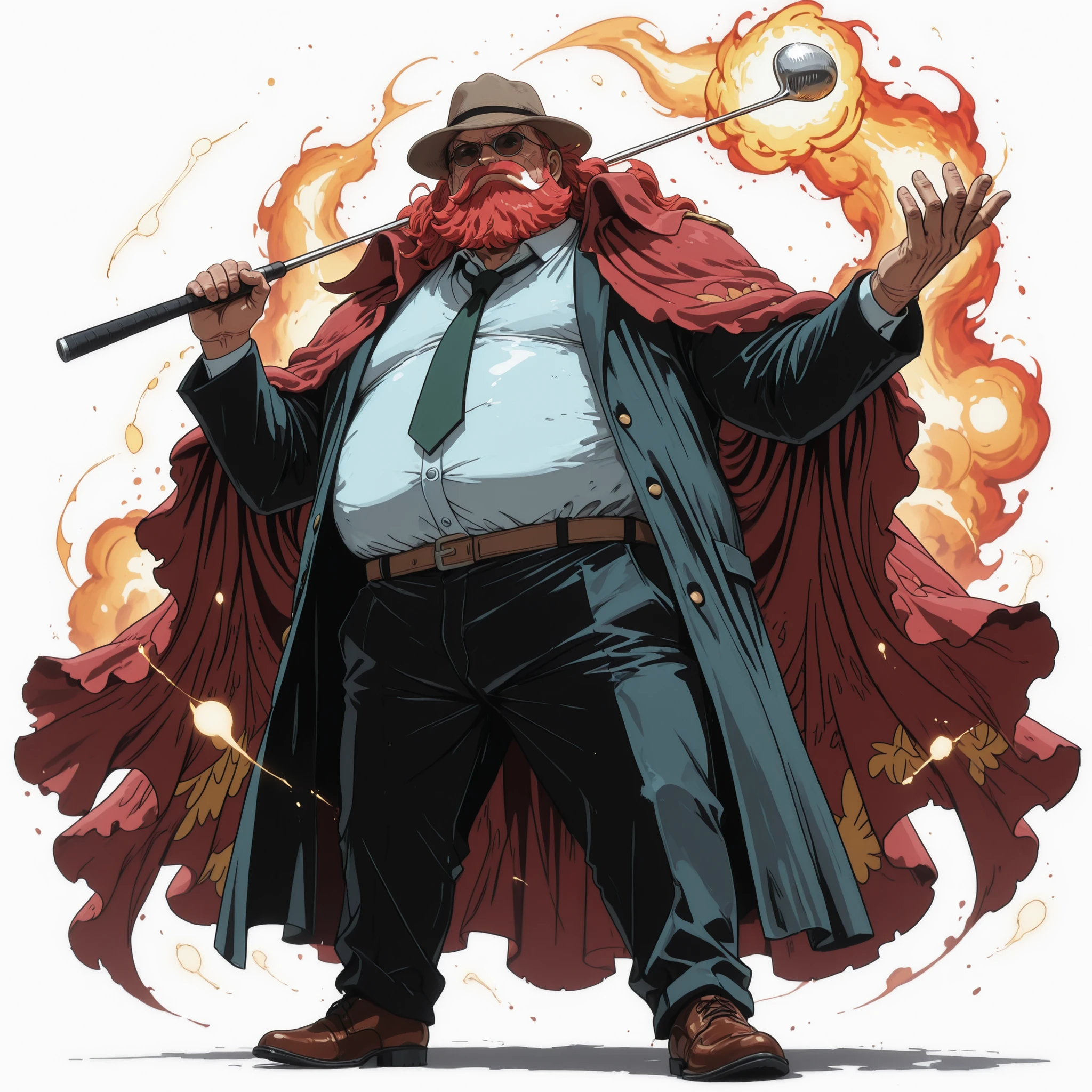 (male), (old man), (short legs), (large arm), (very fat body), (red hair, beard), (brown eyes), (serious face), (giant body), (giant character), (holding Golf club in hand), (solo), (single character), (full body version), (white background), (no background), (highly detailed), (shadow), (standing pose), (natural light), (detailed outfit), (detailed hand), (detailed face), (detailed hair)  
Wearing a senior detective outfit: long trench coat with a flowing cloak, layered suit underneath, tie, formal trousers, polished leather shoes, and a fedora hat tilted forward, giving an aura of an elite investigator. (One piece style art), sunglasses 