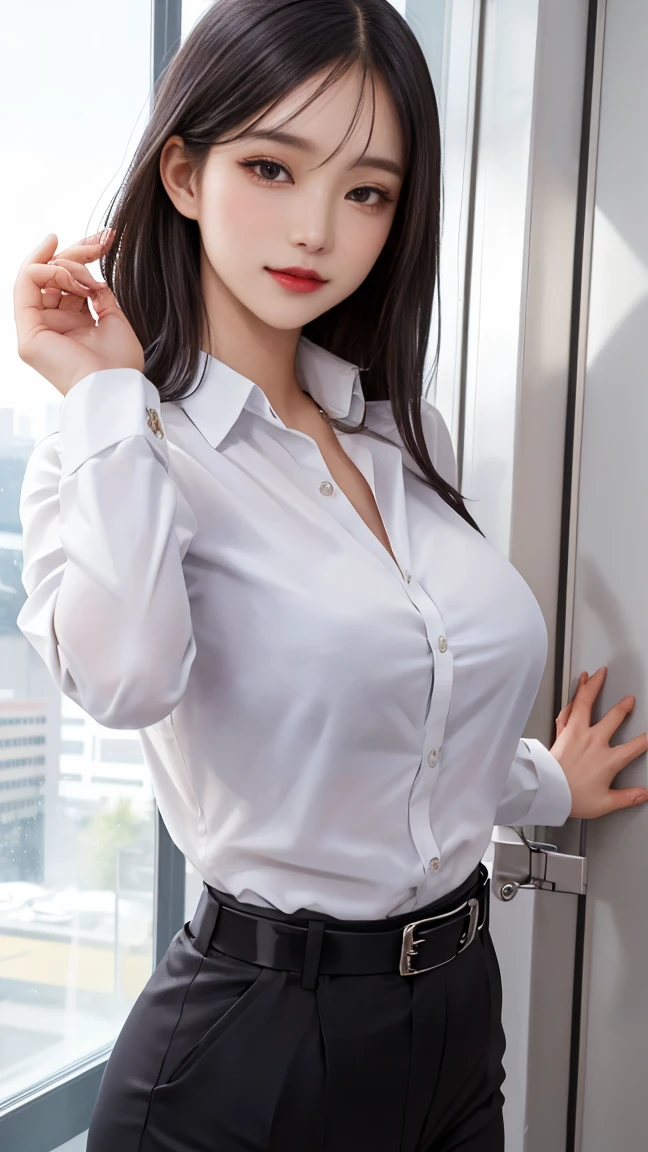 Best quality, masterpiece, ultra-high resolution, 8K, (reality: 1.4), RAW shooting, most detailed face, very detailed and perfect , live photography; most beautiful face; shining skin; one 18-year-old Japanese.My bangs and eyes are big and cute.It has brown eyes, gentle eyes, long brown hair, a young face, and a large chest.E-cup. Look at the audience.angelic smile.white glossy short-sleeved shirt, black vest, black tight skirt, pant, black pin heels, office.