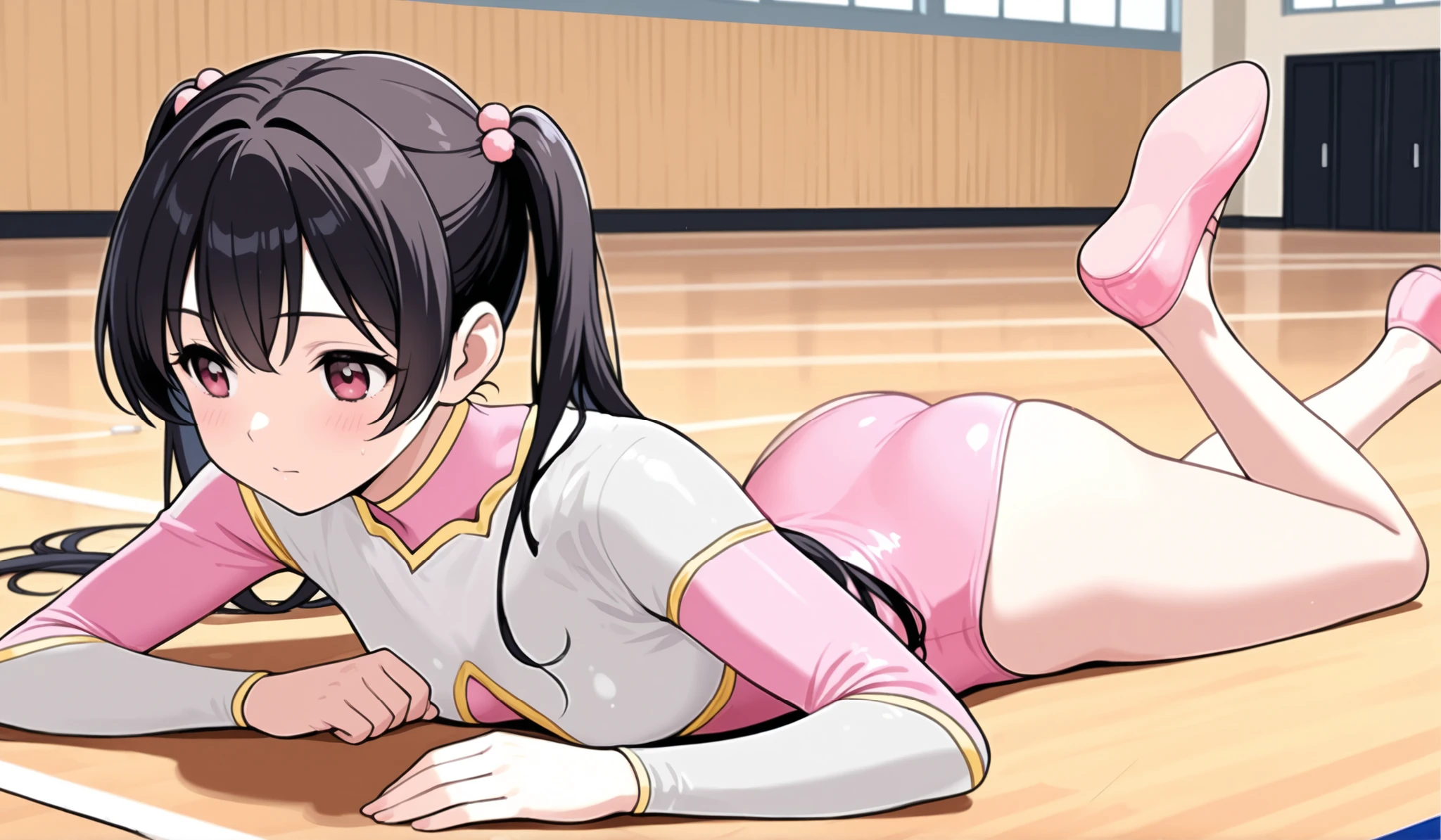 1 girl under school uniform　cute　pink leotard　High Neck Long Sleeve Leotard　Rhythmic gymnastics　semi-long twin tails　dark haired　 in practice　pink ballet shoes　gymnasium,  prone, on stomach,