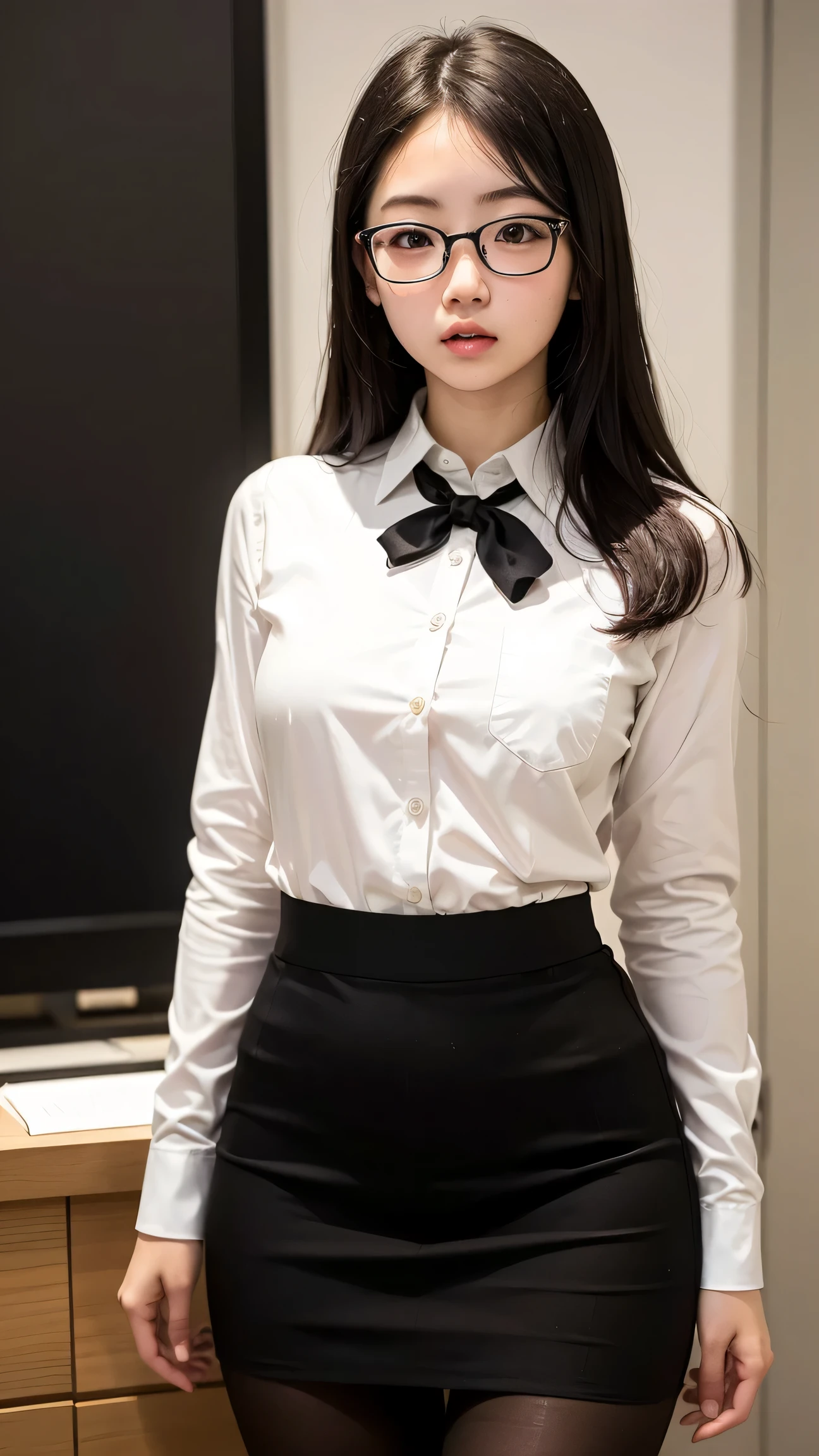 Woman with ,golden curly hair,Blue eyes,white fox ears,in a shirt, skirt and stockings