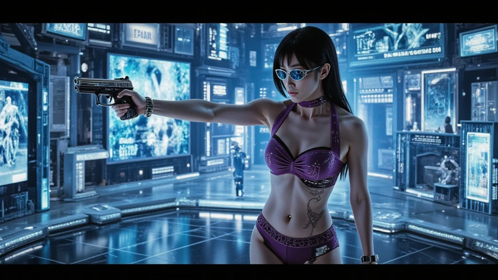 Estilo: arte conceitual. A cena: Futuristic cityscapes with towering skyscrapers and sleek aerodynamic vehicles speeding through the air. High-resolution OLED GUI interfaces in the building, The windows are filled with transparent data visualization infographics that show it all, from weather patterns to traffic flow. Colors are saturated and vibrant, com rosas e roxos quentes dominando o horizonte. The overall effect is beautiful and inspiring. at night, (((1girl, solo))), photo realistic, (((large-breast slim body, cleavage))), (((sling top, extreamly short pleated miniskirt exposing ))), (((((running pose))))), (((((black sunglasses))))), (((holding a short gun))), (((((looking at camera))))), (((very low view))), (((((half-body thigh level medium shot))))), (((cinematic lighting))).