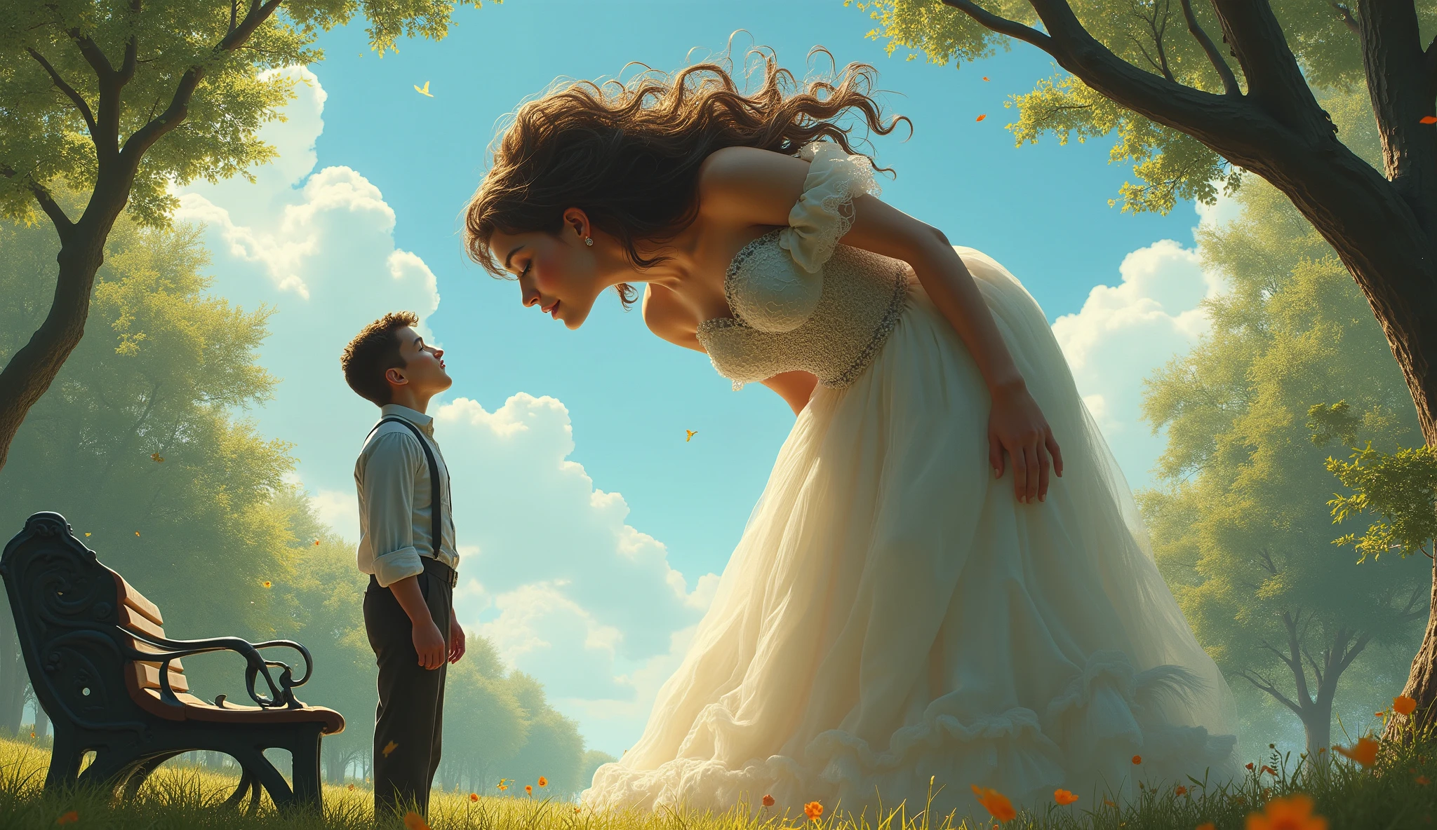 giantess girl kisses one much shorter adult guy who standing short on the park bench. Romantic scene with clear blue and sunny weather. Park ambient.