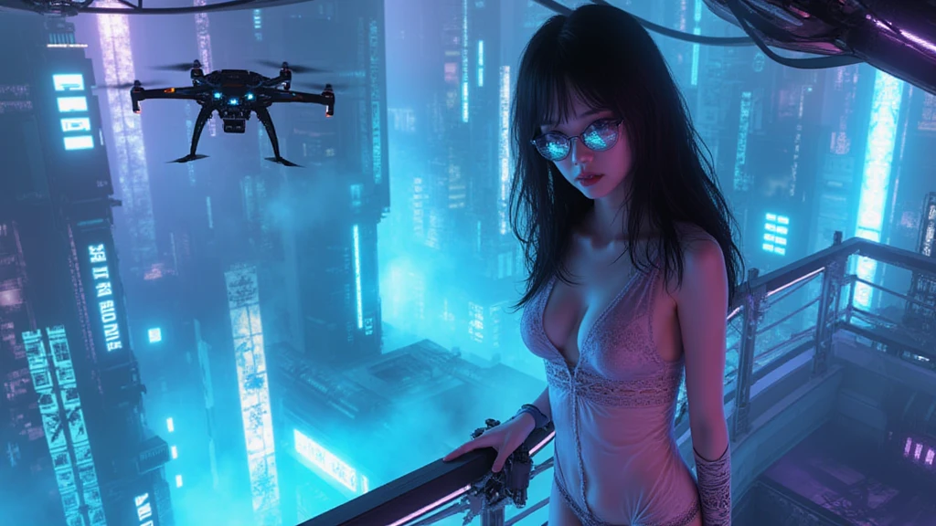 (masterpiece:1.1), hi-res, 4k, photorealistic, aerial view cyberpunk city, at dark night. (((((1girl, solo, alone))))), medium-??????:1.1 slim body, cleavage, ???? clothes, (headphone, black sunglasses), (((standing and holding pistol pose))), half-body thigh level medium shot, cinematic lighting, lens flare, ray tracing.