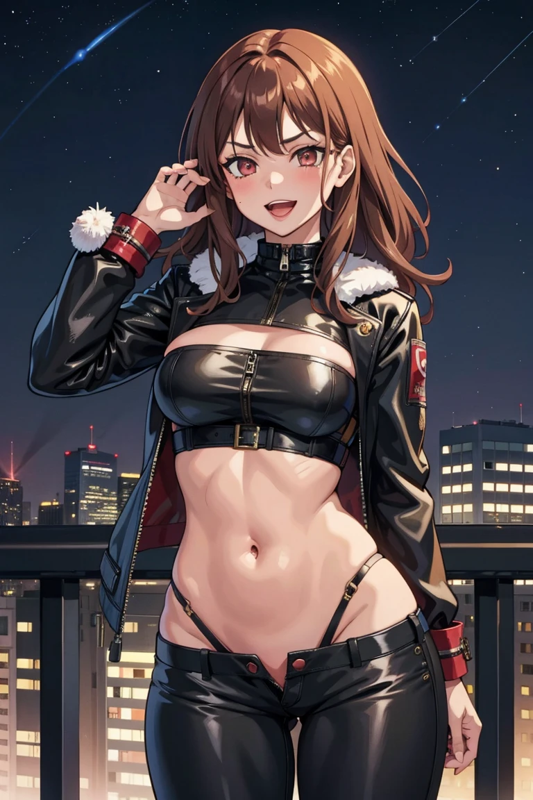  solo, 1girl, kuwayama chiyuki, long hair, choker, blush, lipstick, outdoors, rooftop, cityscape, building, railing, night, night sky, scenery, city lights, Fur trim, mature female, gloves, fur-trimmed coat, masterpiece, best quality, highly detailed, a girls with a gun, evil smile , open mouth, ???? gaze, badass
pose , evil smile, smile, (????) ?????????????????, guns blazing, anime girl with long hair, beautiful long
haired girl, navel, evil expression, exposed belly, exposed navel, exposed midriff, exposed lower belly,
long black pants, crop top, cleavage, unbuttoned leather pants ,open fly, low rise black leather pants,
leather jacket, holding a gun, 