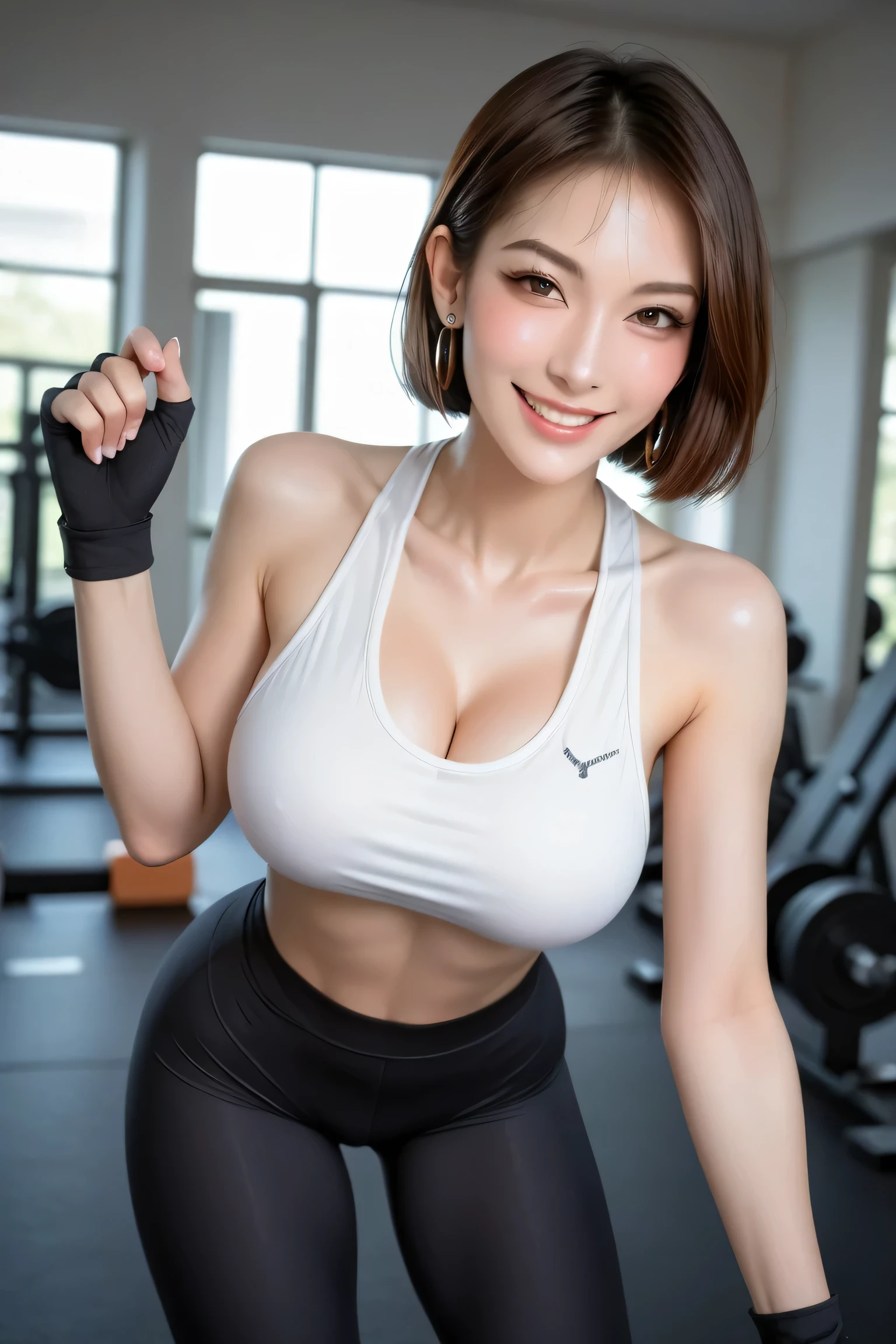 score_9, score_8_up , score_7_up , score_6_up ,Quality_masterpiece, Capricious things, hyperrealistic, beautiful faces, perfect face, 非常に詳細でbeautiful facesと目, detailed face, delicate facial features, detailed skin, (lip gloss for thighs, blush, Lashes, earrings, shiny skin, top Quality, Ultra Hi-Res, natural shading), photorealistic portrait, Spectacular lighting , Smile Yan, staring at viewers, ((30 years old, sexy workout at the gym wearing a nano suit)), (short hair), BREAK solo focus, ((Wearing a pink nano suit, Fingerless Gloves, big boobs, Round Breasts)), ((skin dentition, thighs, nymph tight sports leggings: 1.4)), smooth and beautiful skin