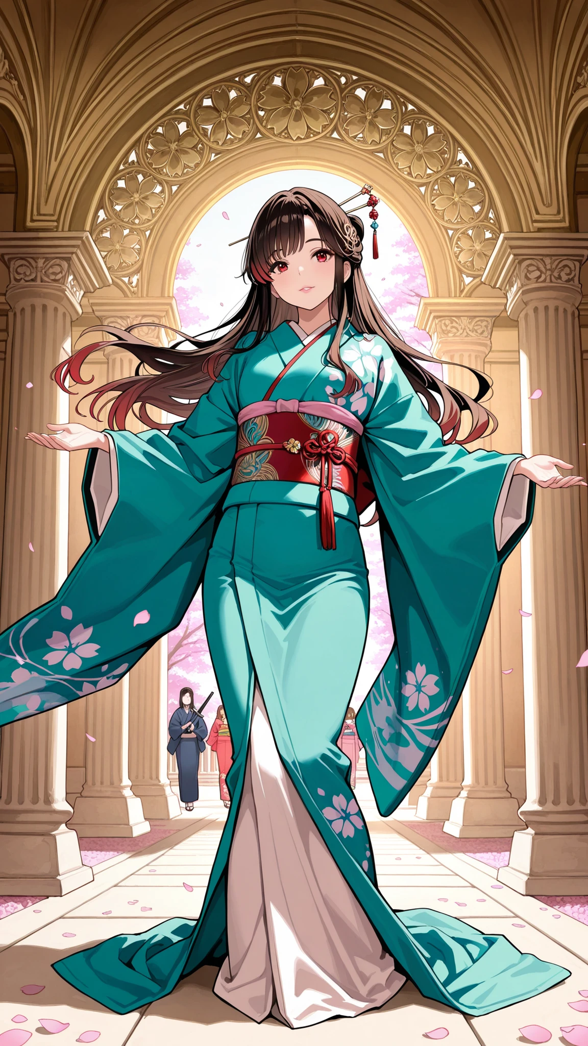 Highest Quality, reflection of light'', Ultra High Definition, Princess from the Heian Period, Long flowing black hair and brown hair tips, 凛とした青い瞳, cold々Expression that combines kindness and kindness, Light pink lips, Graceful 12 Dana, Kimono that combines the colors of blue, green, and red, Hairpin imitating a sword, Ornaments Reminiscent of a Bow, Neden zukuri where spring light shines in, Sakura in full bloom, Ancient court, petals dancing in the wind, Background drawn with gold and silver clay, Elegant Atmosphere, Vermilion Balustrade