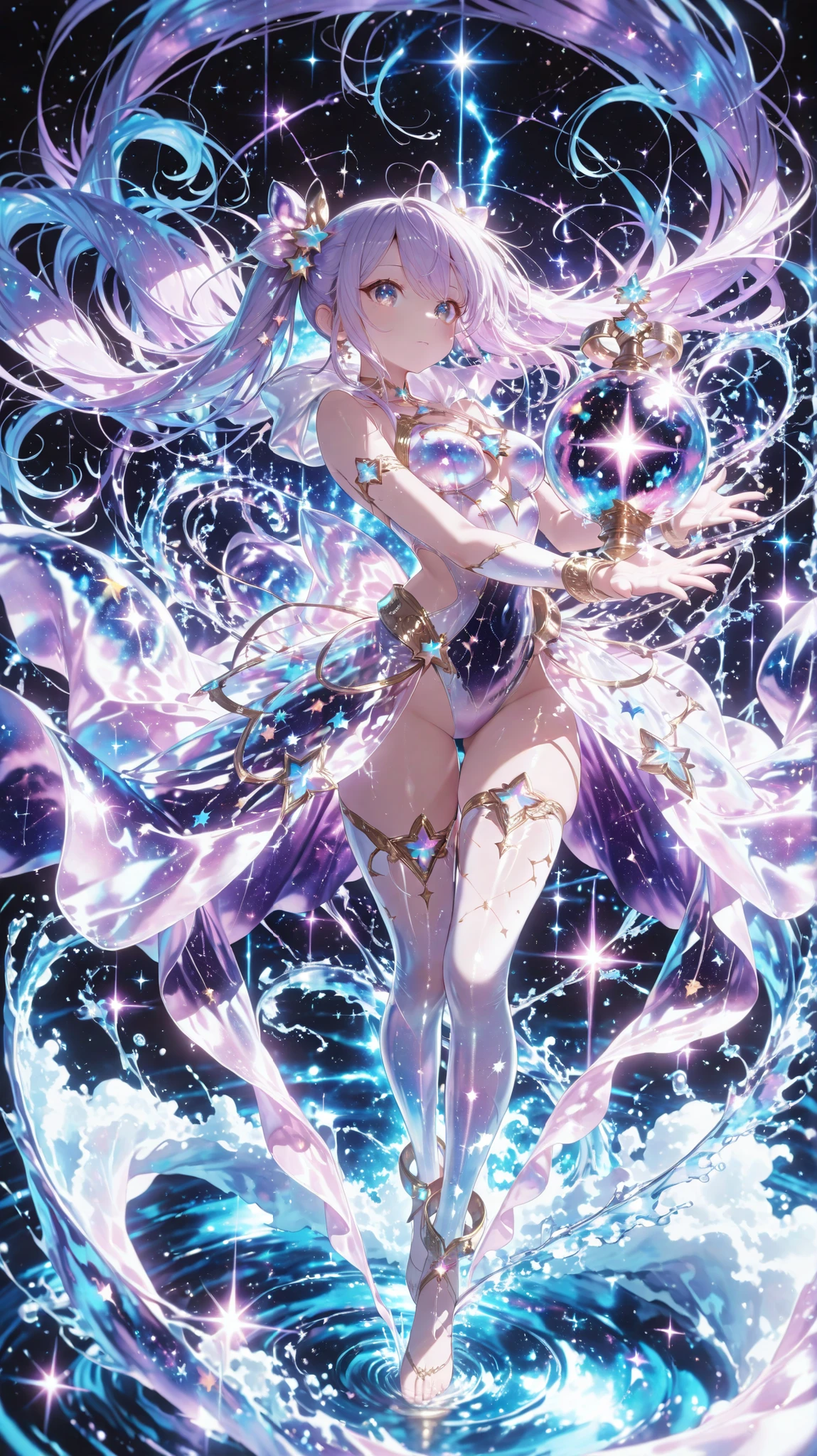 (masterpiece, Highest Quality, OFFICIAL ART, complicated details, 8k resolution), 1girl, magical girl Aquarius, Celestial Bodies deity, Full Body, hips, foot,
Graceful and Strong Pose, Starlight falling from a sparkling crystal amphora pour,
water is a nebula and constellation( constellation) turning into a clown girl , overview, ether,
Starlight shines in a transparent costume, dreamy background with galaxies and nebulas spreading,
expressions of determination and kindness, big eyes,
Aquarius constellation( constellation)shines in the background, hair decorated with pearls and star pins,
Artistic, detail, Celestial Bodies, Starlight shines in a transparent costume that flows like water,
Magical Sparkling, Light Emitting Particles, lens flare, soft writing, cinematic lighting
