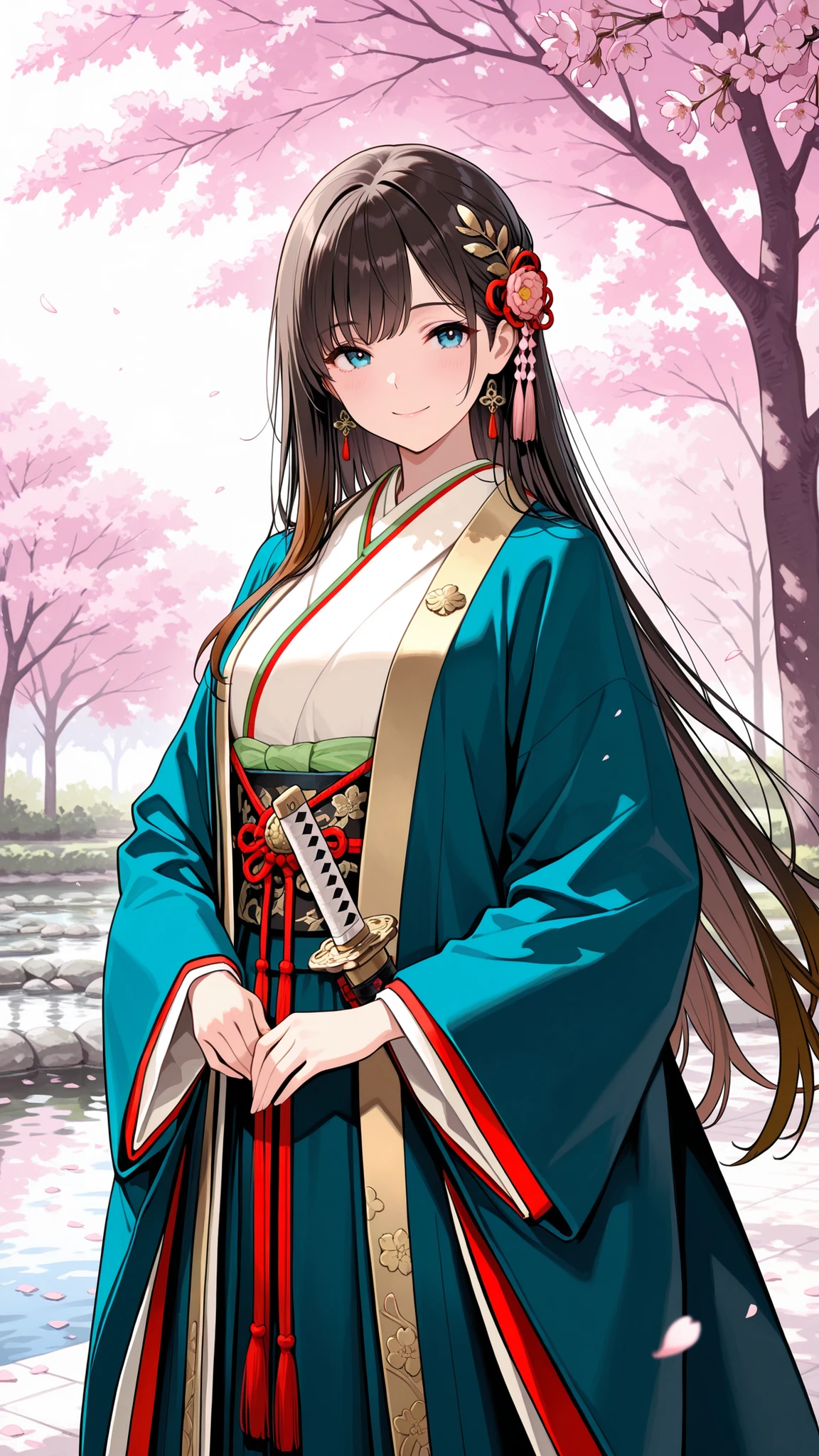 High Quality, masterpiece, Detailed Description, An Emaki-style aristocrat woman, flowing black hair and brown hair tips, Dignified Gaze, Intellectual Eyes, A graceful smile, multi-layered kimono with beautiful gradations of blue, green, and red, A decorative belt reminiscent of a sword, posture reminiscent of kyudo, Dignified Appearance, under the cherry tree, Heian period garden, Pond Side , elegant atmosphere, Gold Leaf Decorations , soft sunlight, cherry blossom petals swaying in the wind