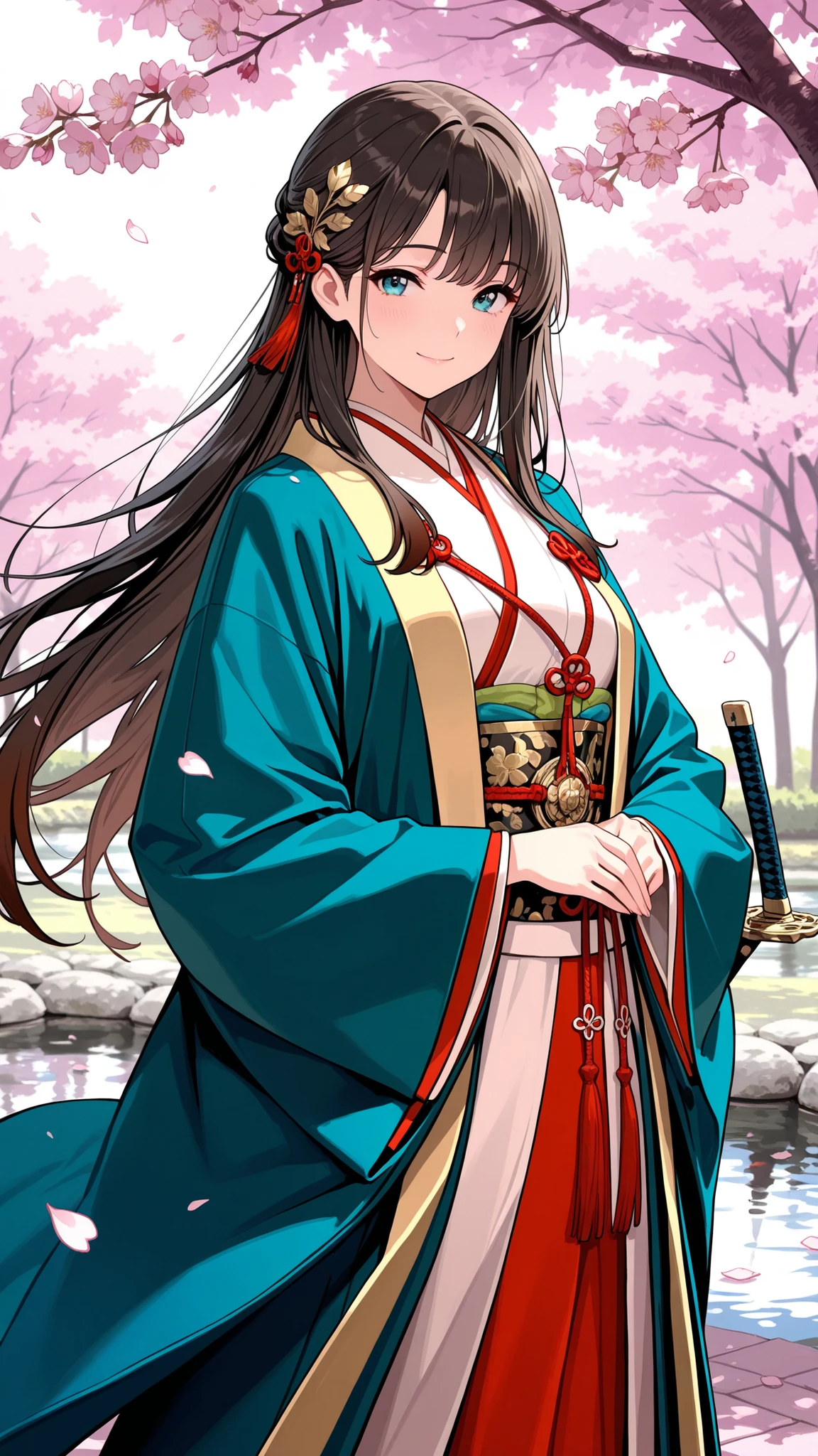 High Quality, masterpiece, Detailed Description, An Emaki-style aristocrat woman, flowing black hair and brown hair tips, Dignified Gaze, Intellectual Eyes, A graceful smile, multi-layered kimono with beautiful gradations of blue, green, and red, A decorative belt reminiscent of a sword, posture reminiscent of kyudo, Dignified Appearance, under the cherry tree, Heian period garden, Pond Side , elegant atmosphere, Gold Leaf Decorations , soft sunlight, cherry blossom petals swaying in the wind