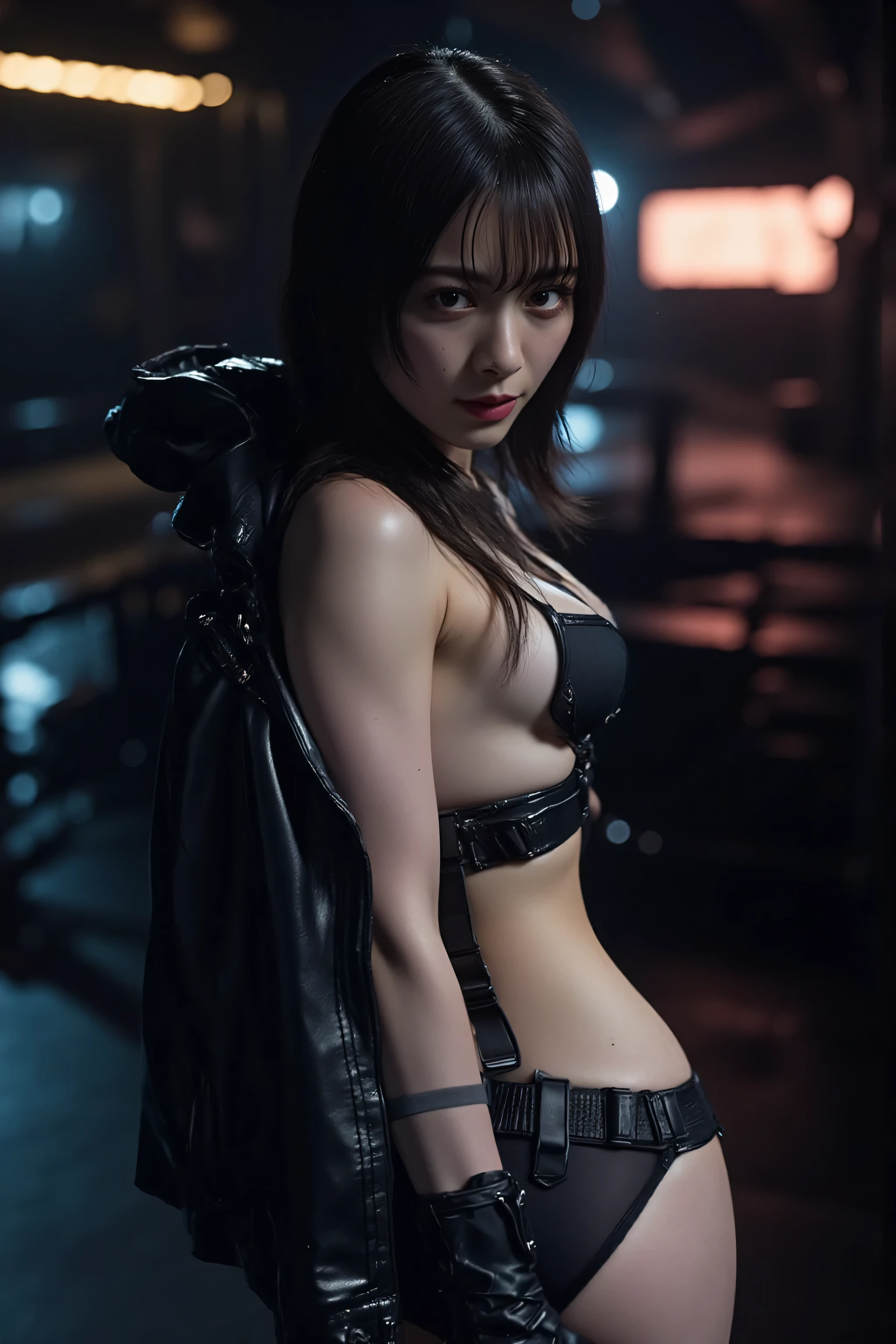 (((Inside a dark spaceship:2.0))),(((HR Gigger Style Cyberpunk Atmosphere:2.0))),((Side view from back:1.7)),Side pose,((look back and look at the camera:2.0)),((looking back over shoulder:2.0)),back view,A woman,(cute face:1.7),(Beautiful well-balanced face :1.7),((long hair:2.0)),(dark haired:1.5),(beautiful eyes:1.3),blade runner style lighting,Beautiful Slender Body,(((model body type:2.0))),((slim body:2.0)),perfect body line,ideal proportions,(big breasts:2.0),((スリーサイズ90-58-86:3.0)),((G cup breasts:2.0)),Big Breasts,Bare thighs,sensual thighs,delicate body,(muscular:1.5),(wet:1.7),natural posture,(((beautiful tight butt:2.0))),((cute ass:2.0)),(carefully depicts limbs based on perfect anatomy:2.0),((Black Police Style Super High Leg Harness:2.0)),((Harness with Dale:2.0)),((((Black Military Jacket with Open Front:2.0))),((Tactical Holster:2.0)),(((thick fishnet tights:2.0))),((Tactical Holster:1.5)),(Gloves:1.3),concept art,(Highest Quality:1.5),(masterpiece:1.5),(超高Resolution),Resolution,UHD,(delicate depiction),carefully drawn,32k,((realistic skin texture:1.5)),(((Ultra Realistic:1.5))),carefully drawn eyelashes,highly detailed face,highly detailed female hands,very sensual,(Blurry, dim background:1.5),professional photo shoot,(Movie Lights:2.0),((Blade Runner Style Lighting:2.0))