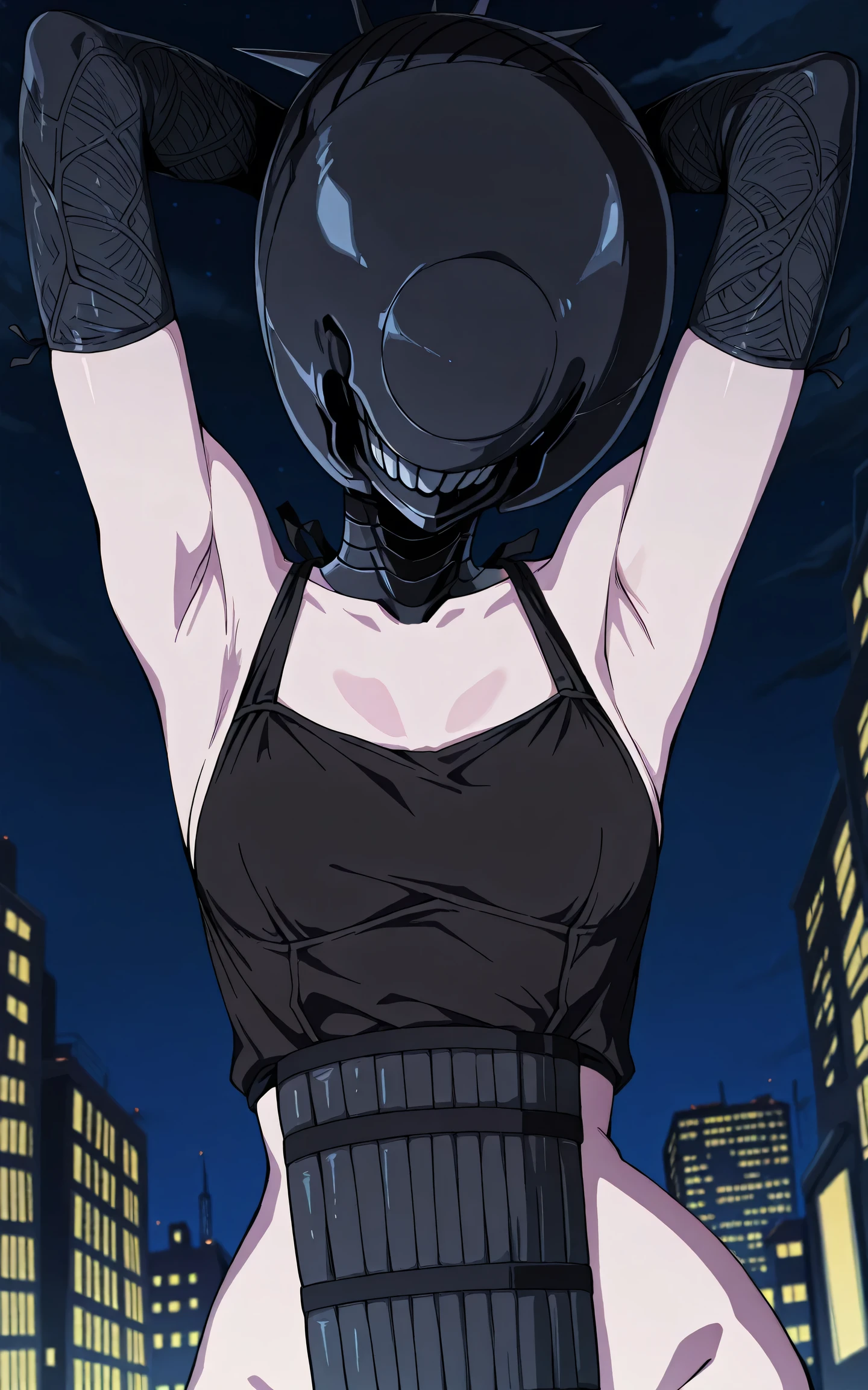 masterpiece, best quality, amazing quality, anime screencap, anime coloring, 1girl, solo, bomb devil, shar teeth, black elbow gloves, black apron, no pants, arms behind head, armpits, armpits focus, head towards viewer, outdoors, night, city