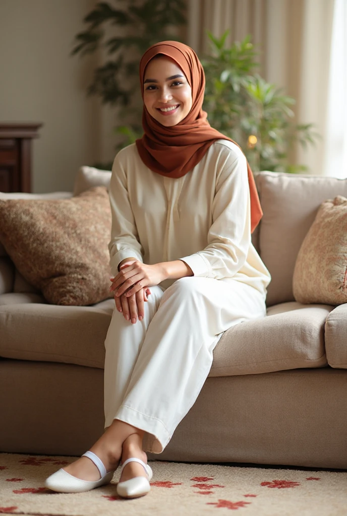 RAW, (Best quality, high resolution, work: 1.3), Beautiful Malay woman in hijab, perfect fit body, , Beautiful big eyes, Soft smile, beautiful face, slightly open mouth, thick thighs, beautiful , , beautiful big eyes , gentle smile, beautiful girl, detailed face, Muslim woman sitting on a chair in a blue sweater and white skirt, long skirt in cute pastel shades, wearing a long flowy fabric, casual pose, wearing casual clothes, very long pleated skirt, wearing casual clothing, white hijab , with a beautiful look Beautiful, perfect lighting, 8k