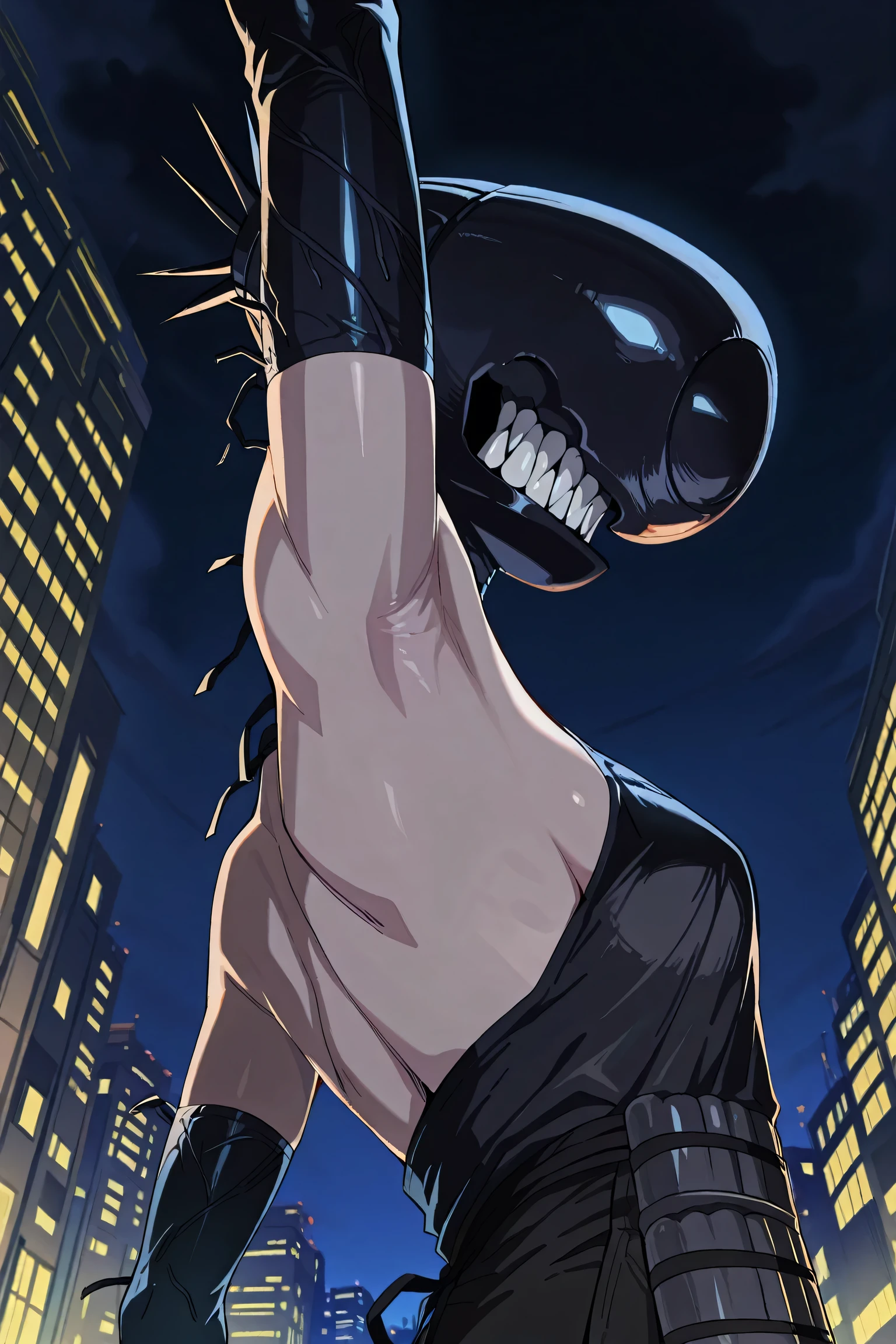 masterpiece, best quality, amazing quality, anime screencap, anime coloring, 1girl, solo, bomb devil, no eyes, sharp teeth, black elbow gloves, black apron, arm up, raised arm, armpit, armpit focus, head towards viewer, outdoors, night, city, from side, from below, (:1.2)
