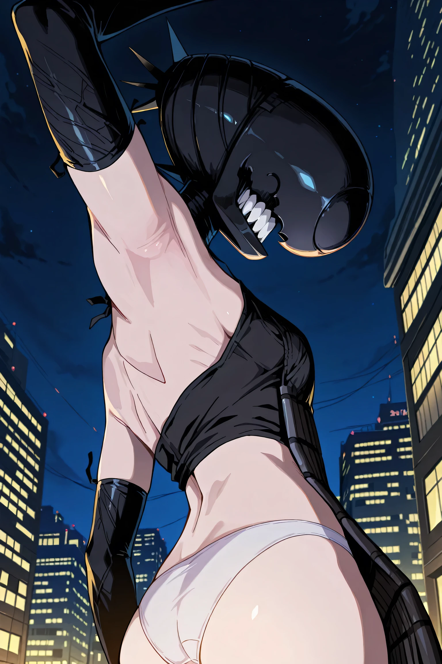 masterpiece, best quality, amazing quality, anime screencap, anime coloring, 1girl, solo, bomb devil, no eyes, sharp teeth, black elbow gloves, black apron, arm up, raised arm, armpit, armpit focus, head towards viewer, outdoors, night, city, from side, from below, (:1.2), no pants, white panties 
