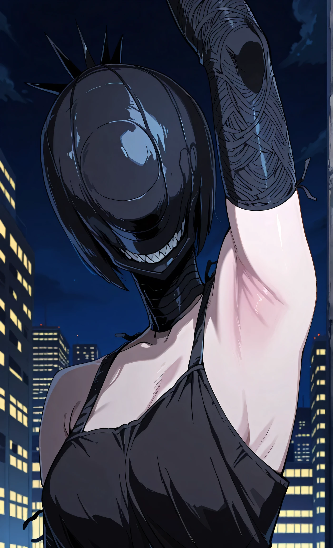 masterpiece, best quality, amazing quality, anime screencap, anime coloring, 1girl, solo, bomb devil, no eyes, sharp teeth, black elbow gloves, black apron, arm up, raised arm, armpit, armpit focus, head towards viewer, outdoors, night, city