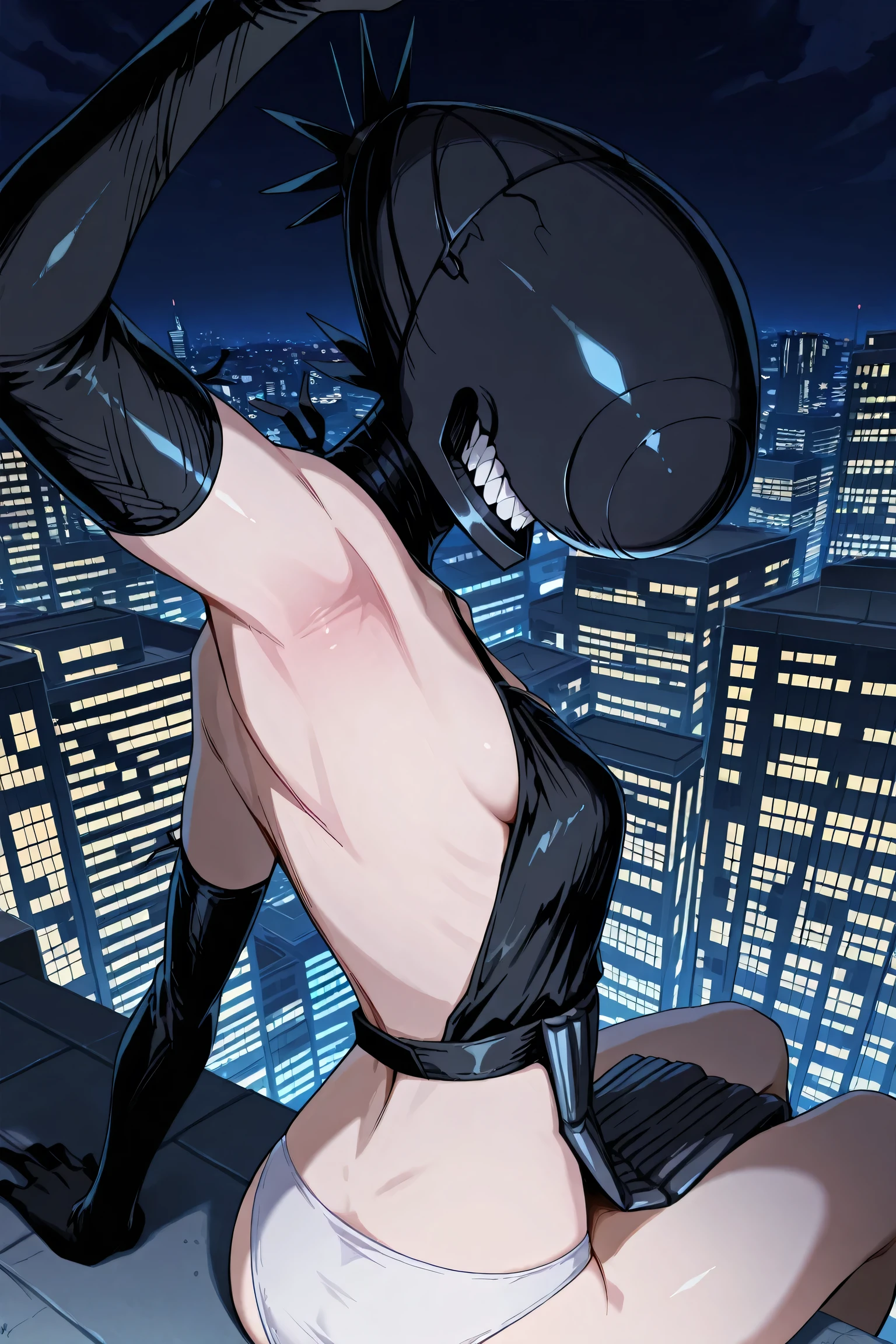 masterpiece, best quality, amazing quality, anime screencap, anime coloring, 1girl, solo, bomb devil, no eyes, sharp teeth, black elbow gloves, black apron, arm up, raised arm, armpit, armpit focus, head towards viewer, outdoors, night, city, from side, , sitting on a skyscraper rooftop, white panties, no pants